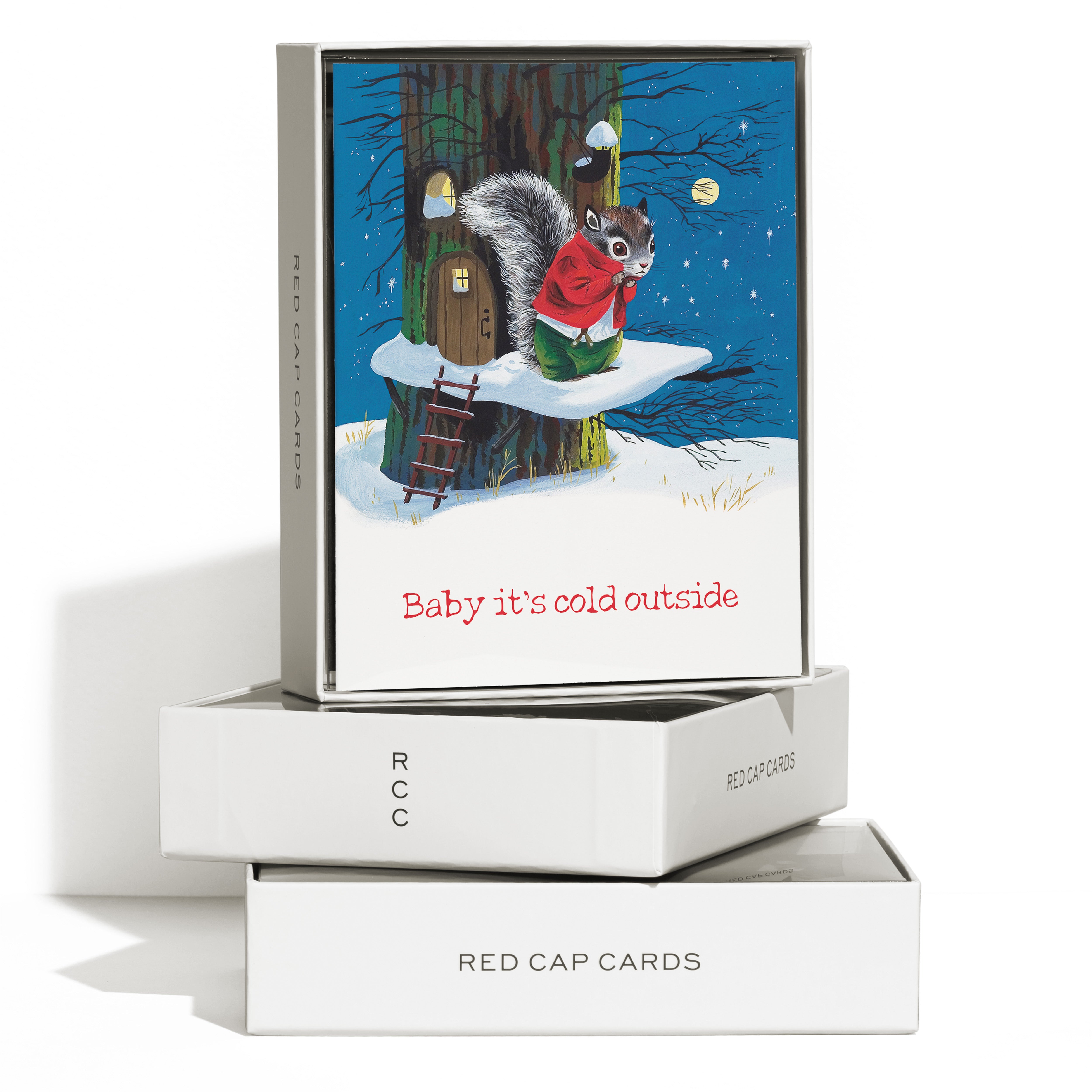 Holiday greeting card with a squirrel in a red coat on a snowy tree stump, with 'Baby it's cold outside' text Boxed Set of 8.