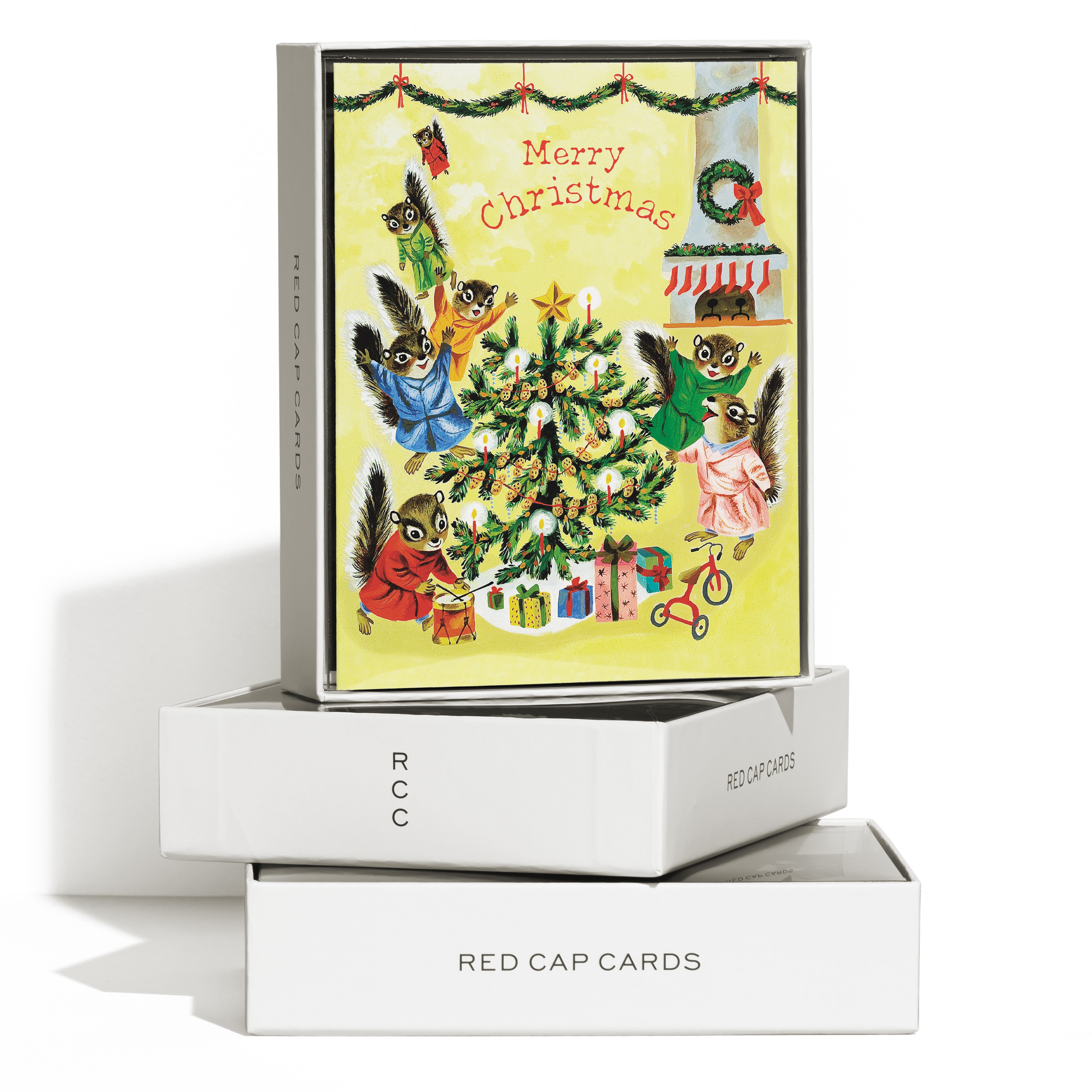 Christmas card with cartoon squirrels around a decorated tree and presents Boxed Set of 8.