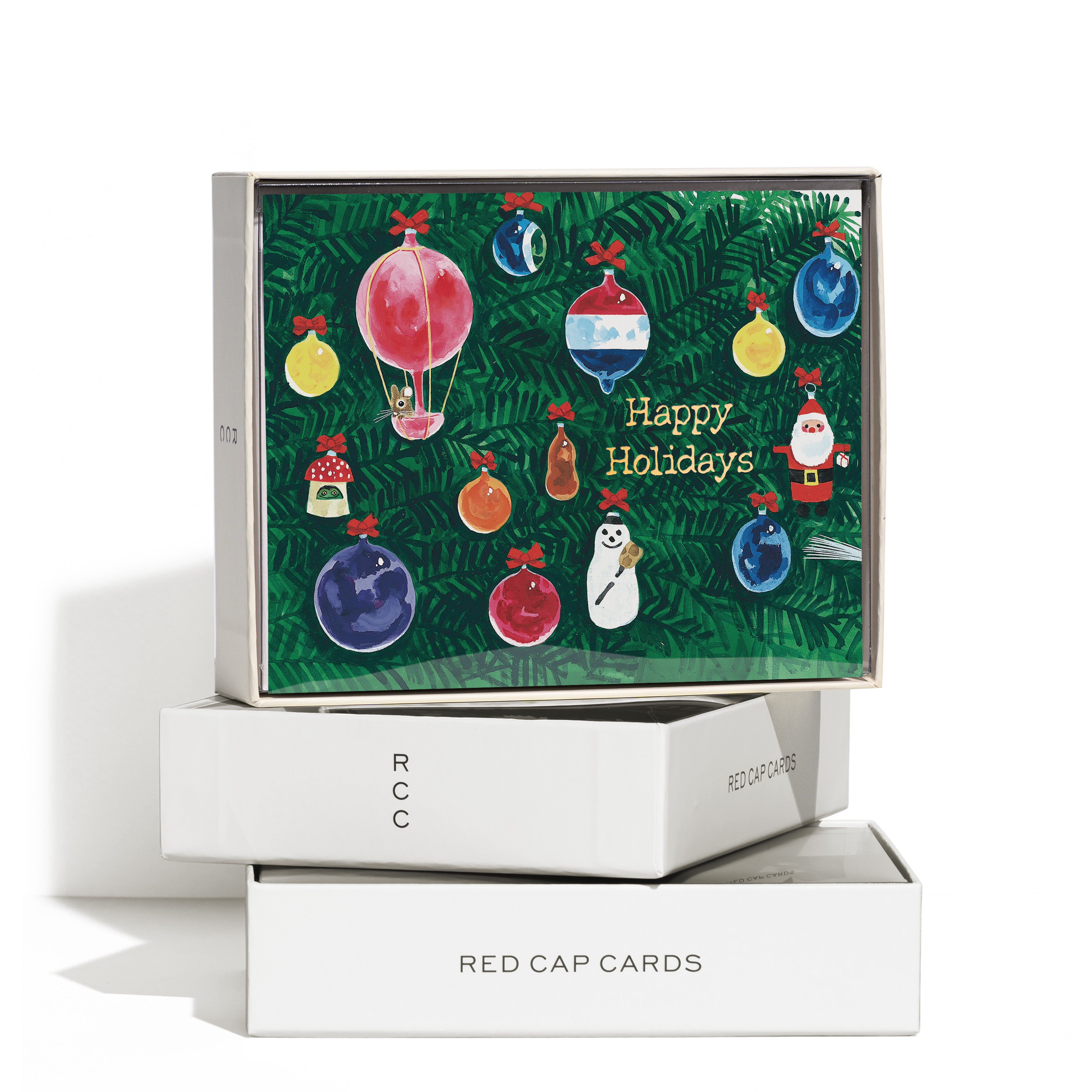 Christmas card with tree ornaments and Gold Foil "Happy Holidays" text on green background Boxed Set of 8. 