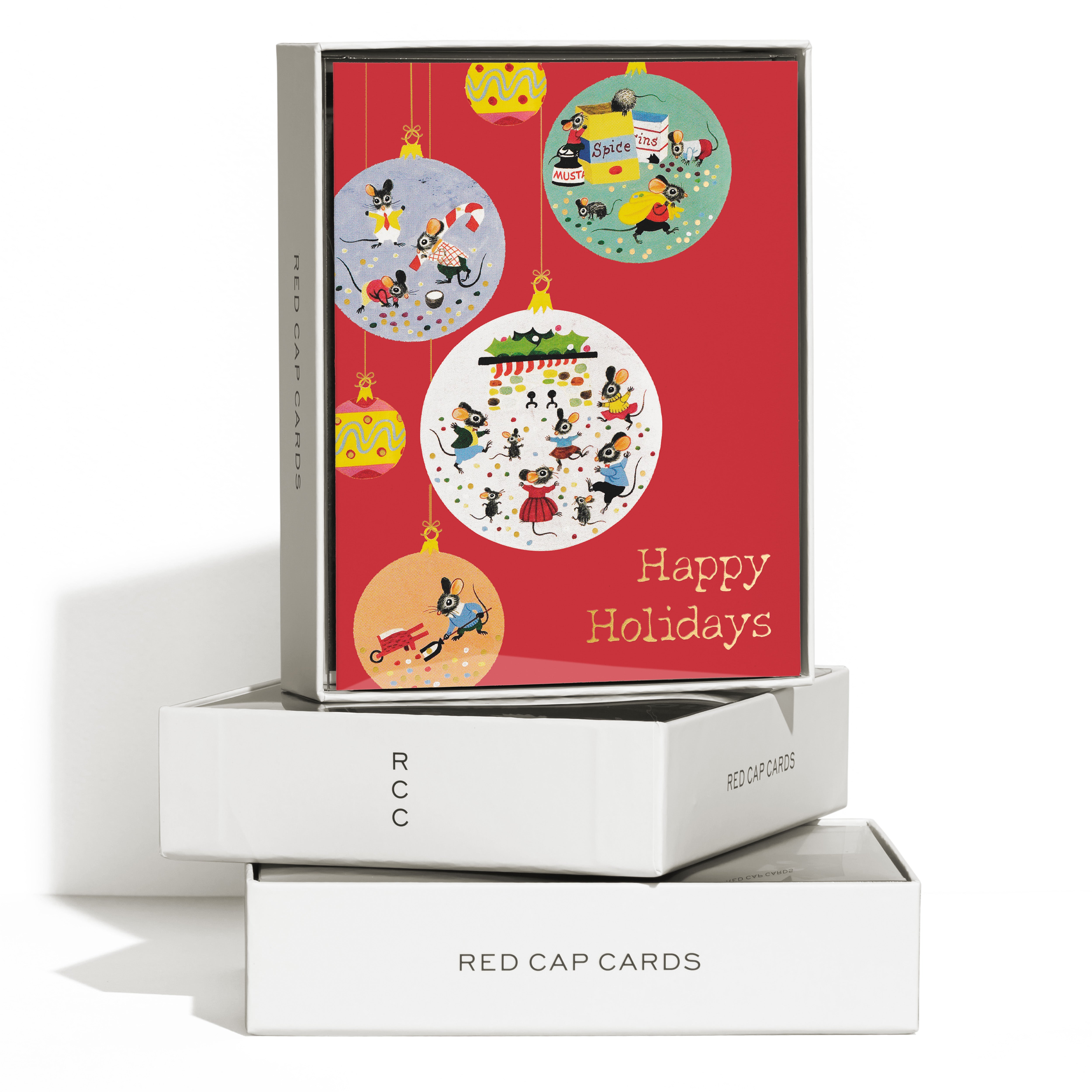 Red holiday card in Gold Foil with cartoon mice in Christmas ornaments and 'Happy Holidays' text Boxed set of 8. 