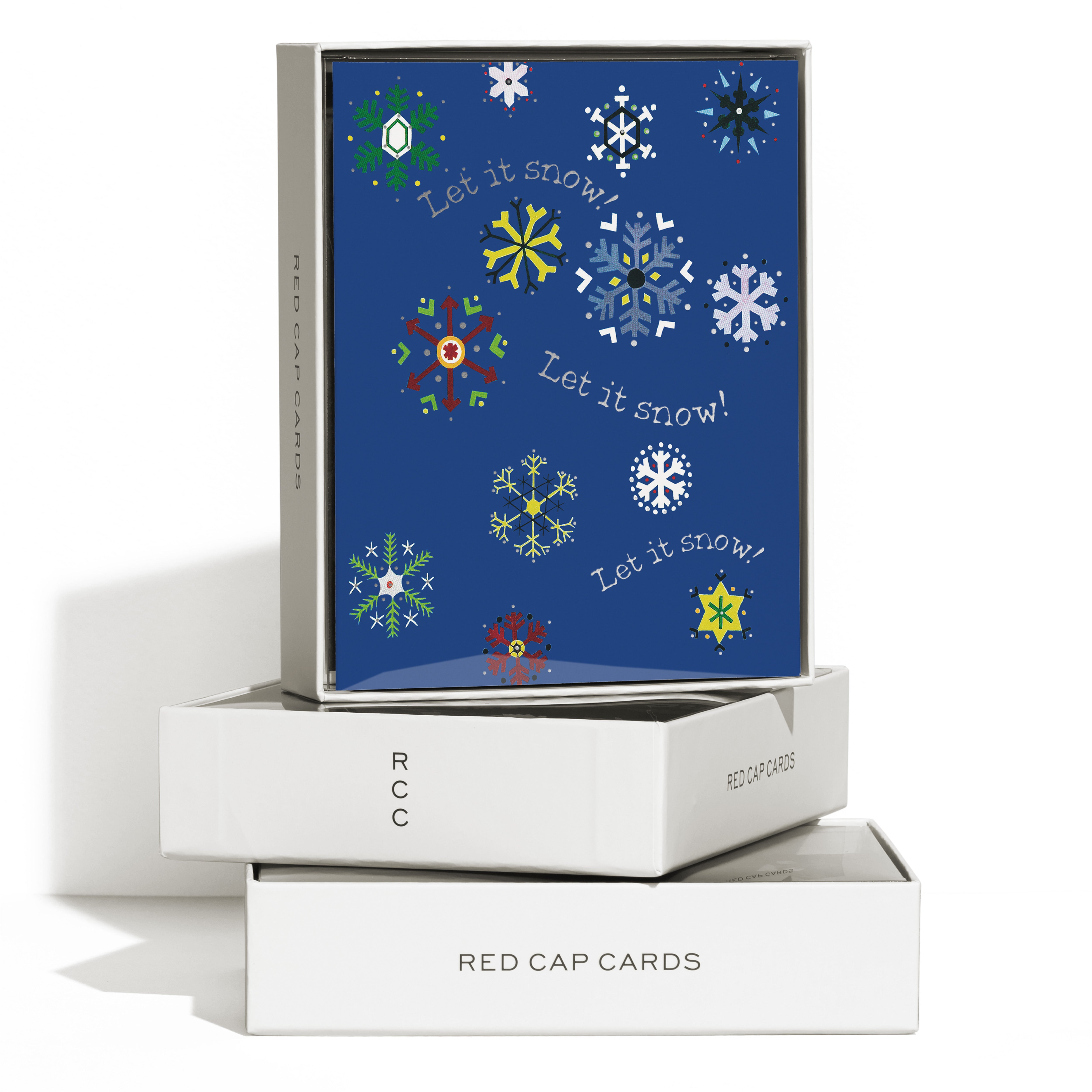 Holiday card with colorful snowflakes and ‘Let it Snow! Let it Snow! Let it Snow!’ silver foil text on a blue background boxed set of 8.
