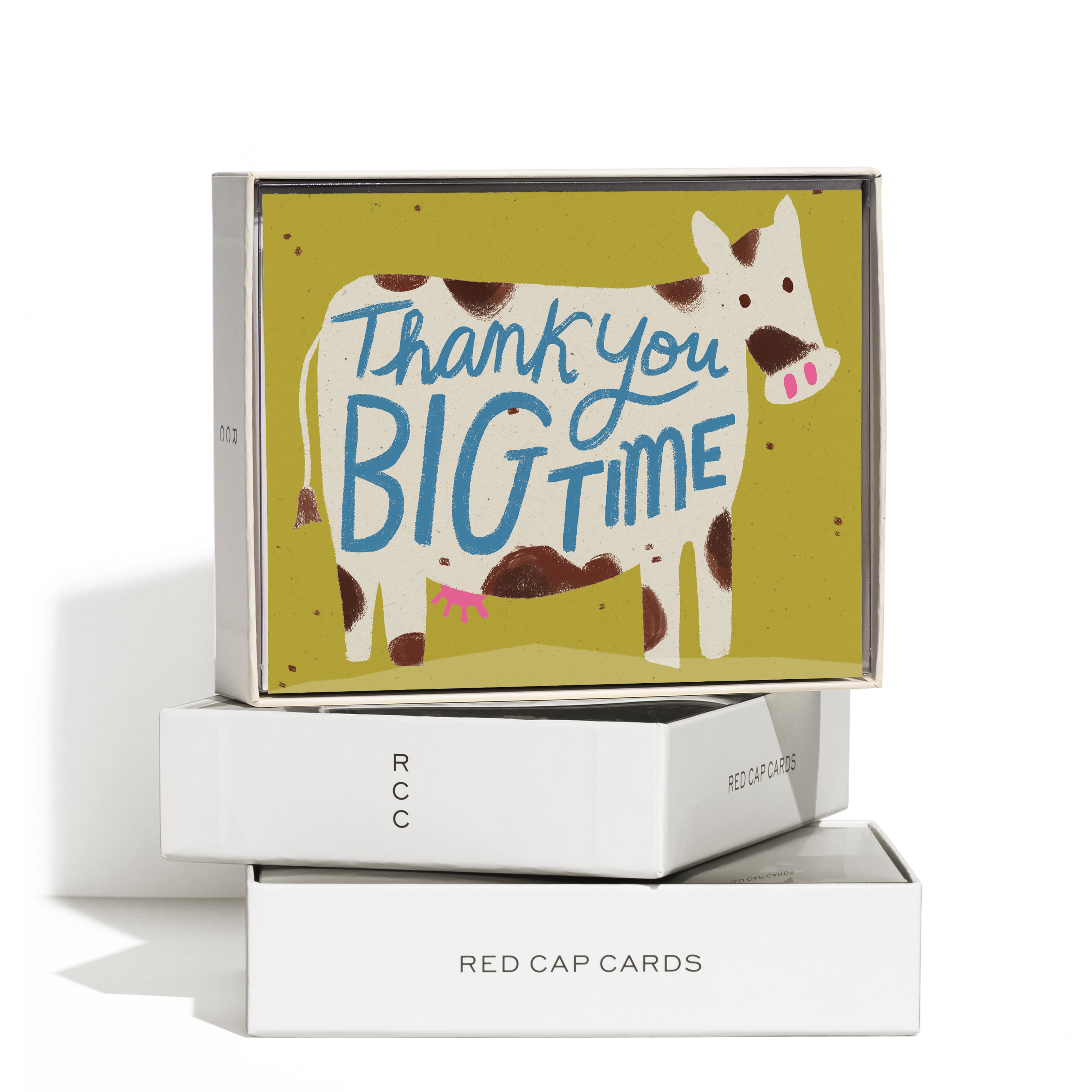 Funny thank you greeting card boxed set of 8 with illustrated cow and 'Thank You Big Time' text on olive green background