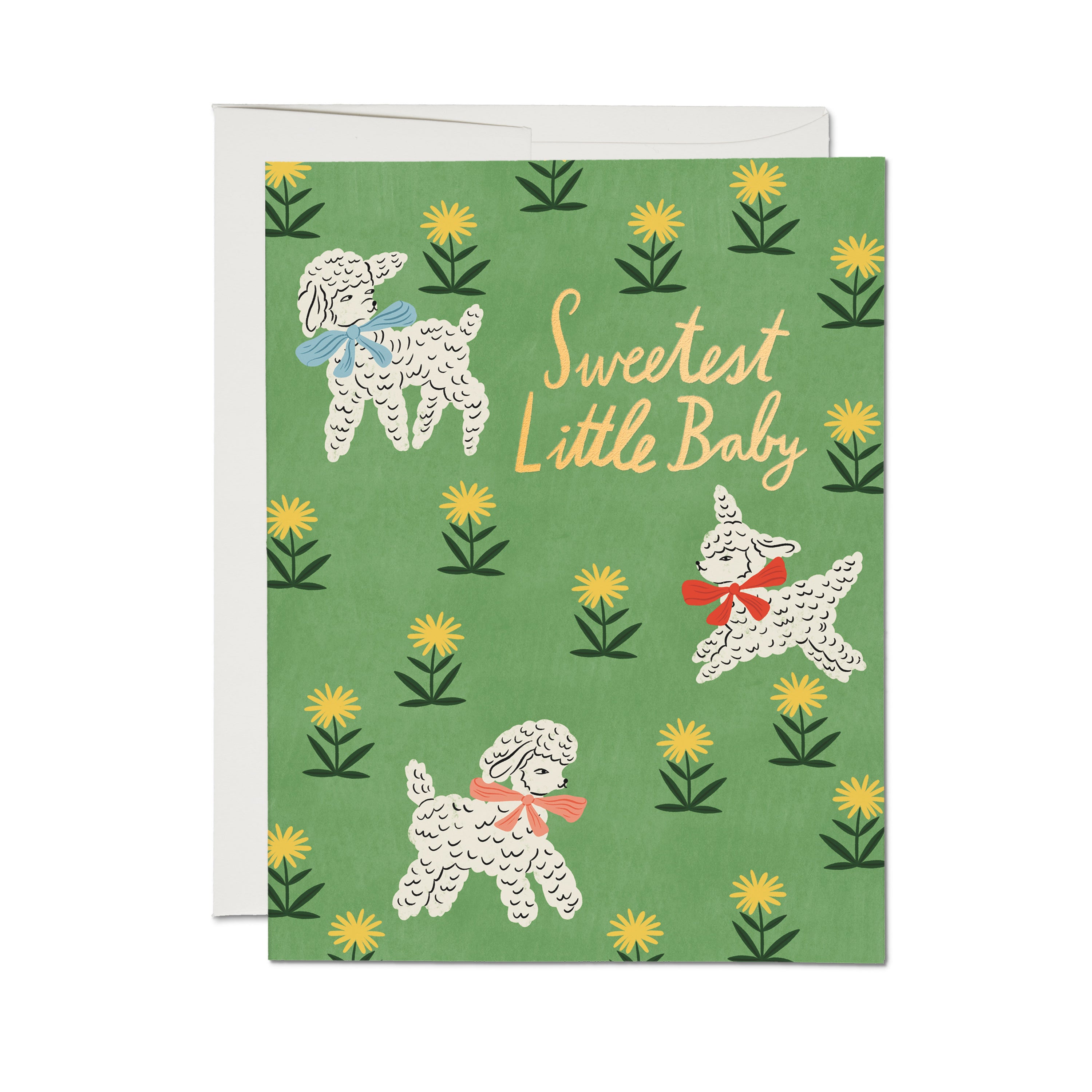 "Sweetest Little Baby" card with 3 lambs in colorful bows on a grassy floral pattern background.