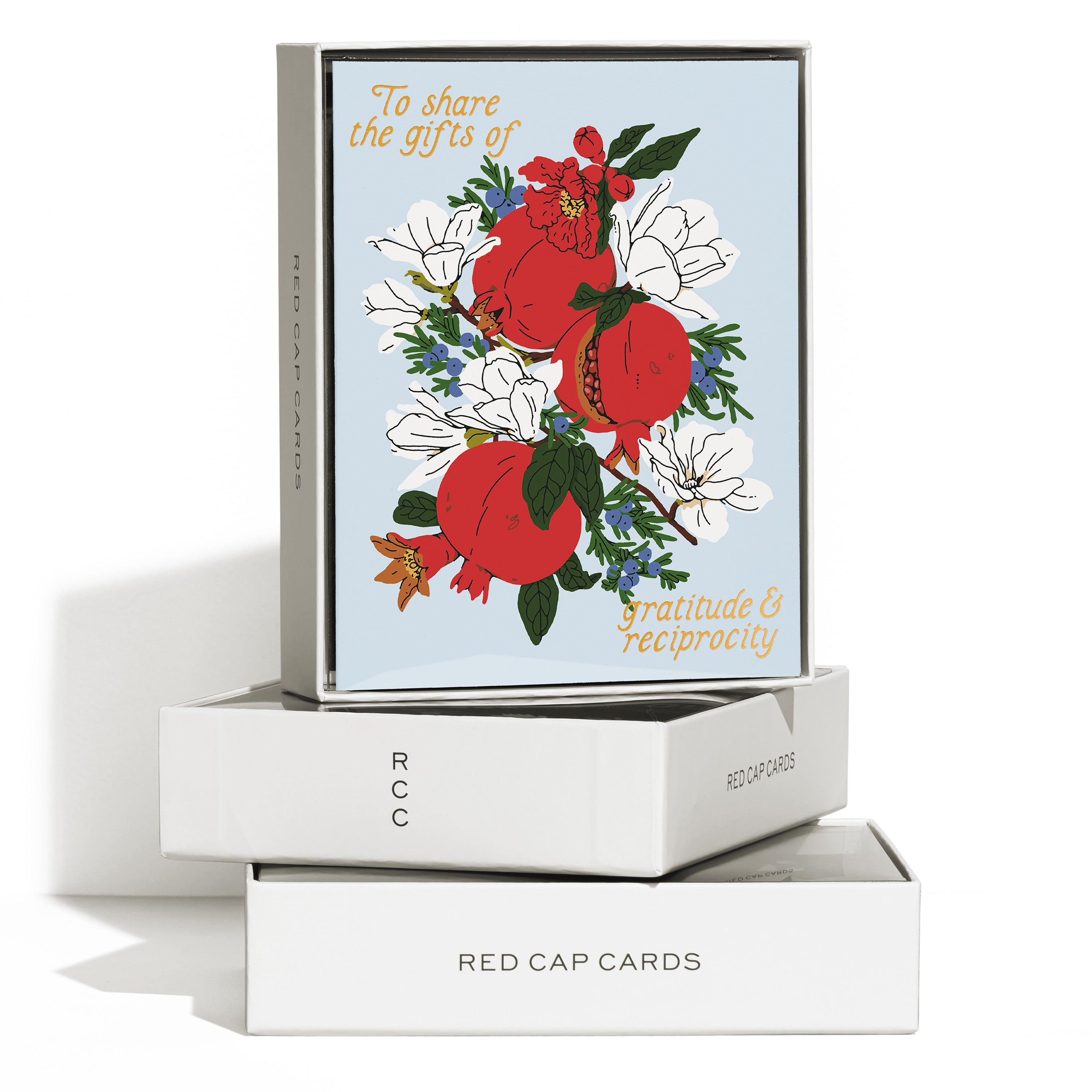 Thank You card with pomegranate and floral design with gold foil on a light blue background boxed set of 8