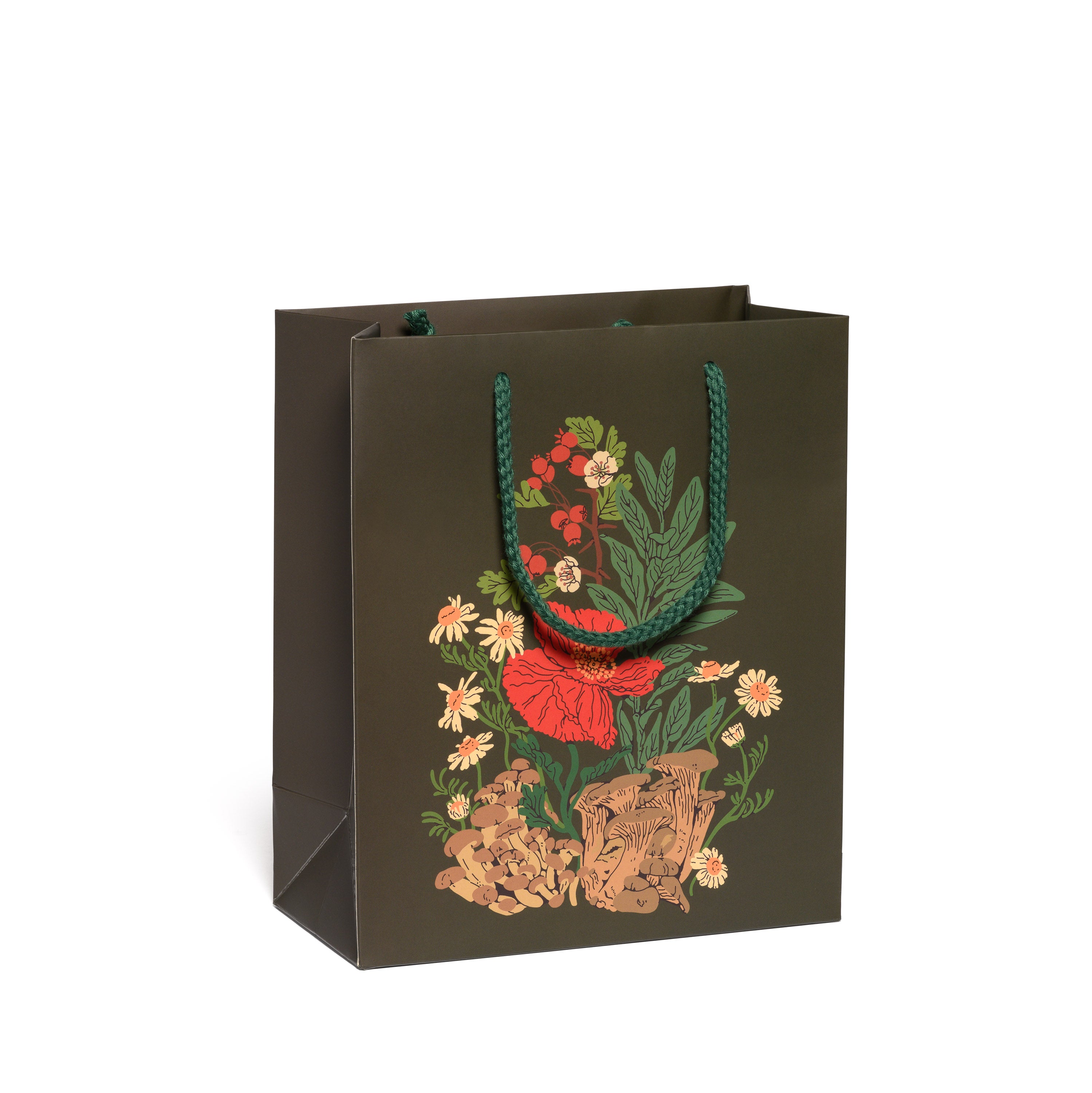 Gift bag with flower and mushroom design on a black background.