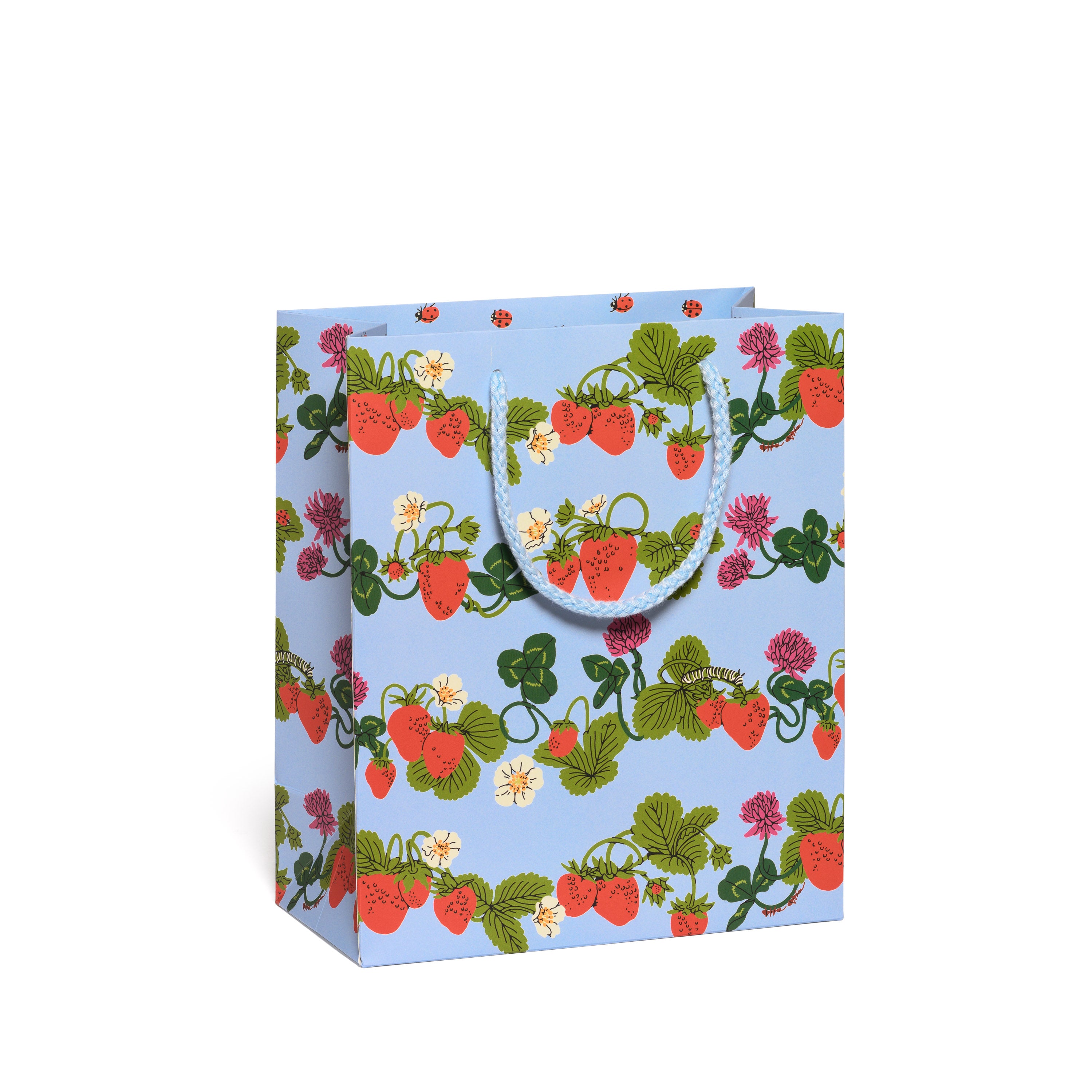 Gift bag with strawberry pattern on a light blue background.