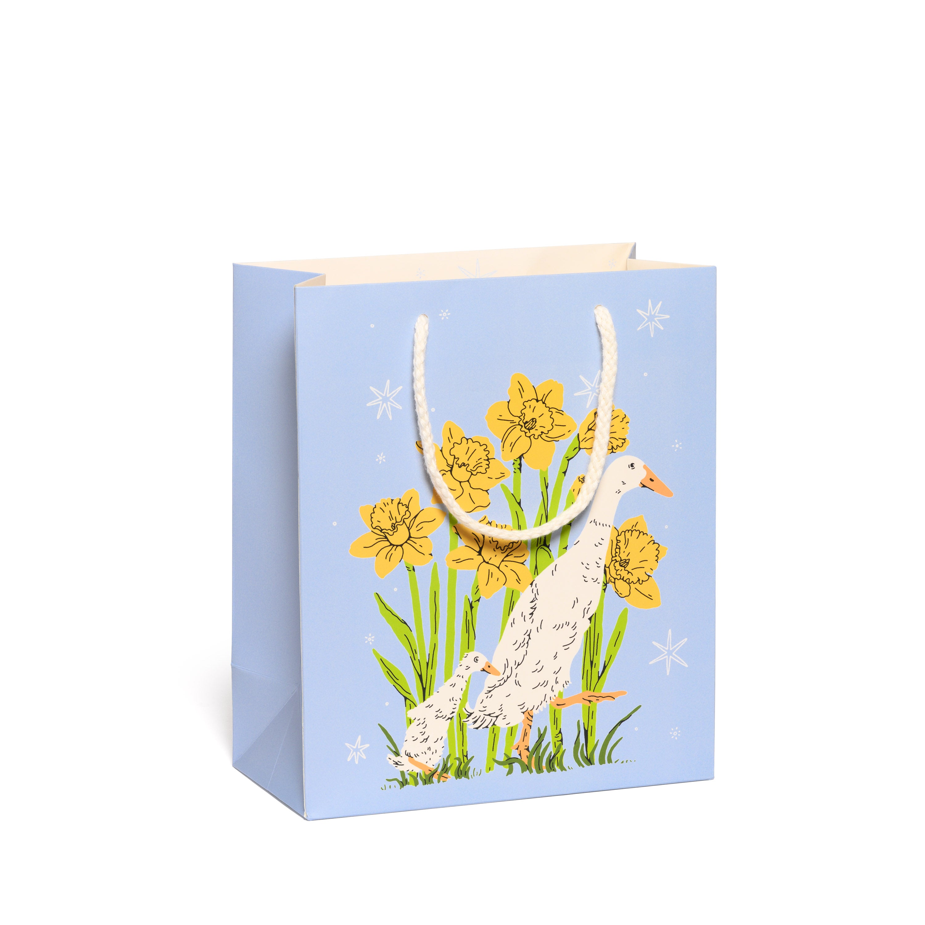 Gift bag with a design of a mother and baby duck and flowers on a light blue background.