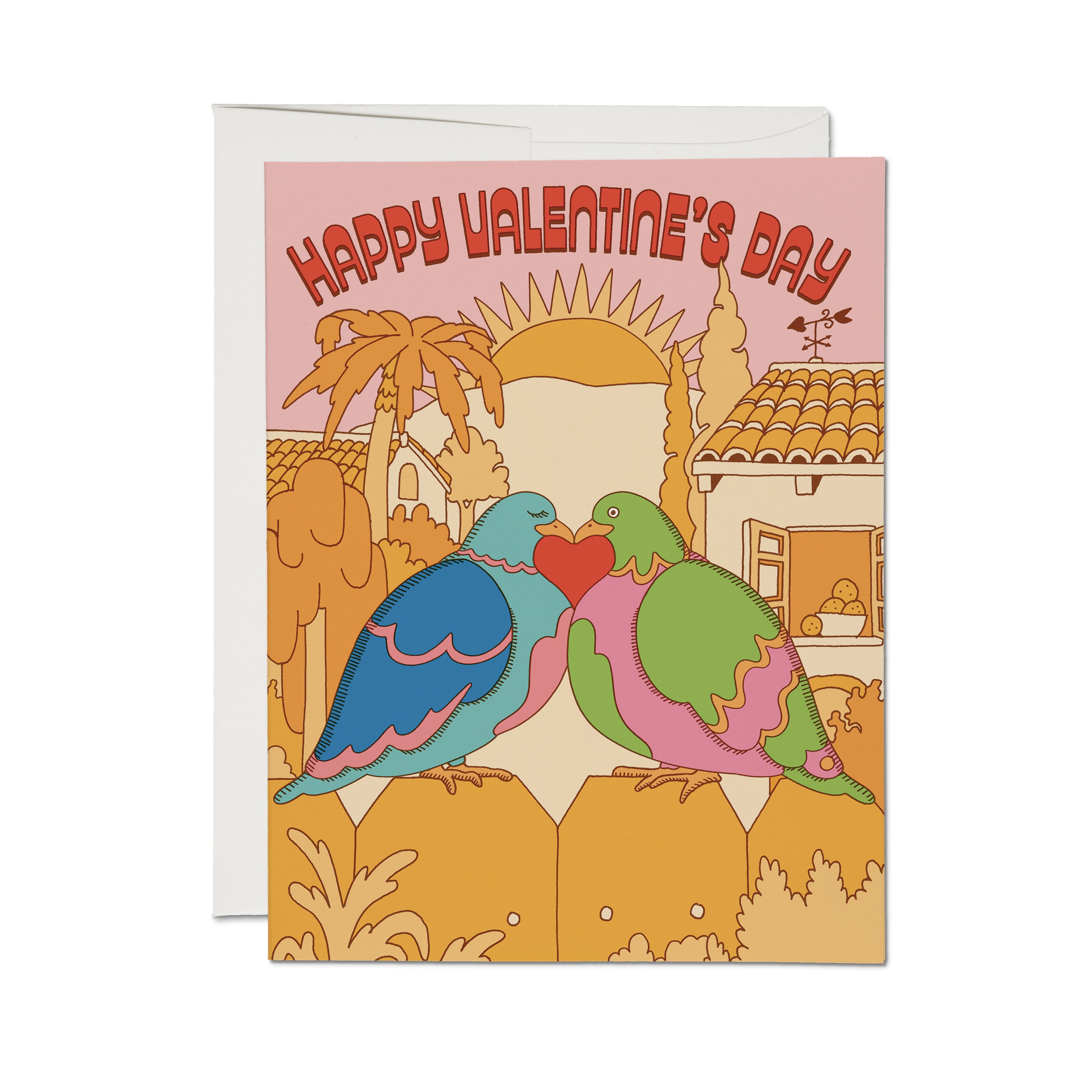 "Happy Valentine's Day" card with two birds nuzzling over a red heart at sunset in a southwestern landscape with a casita.