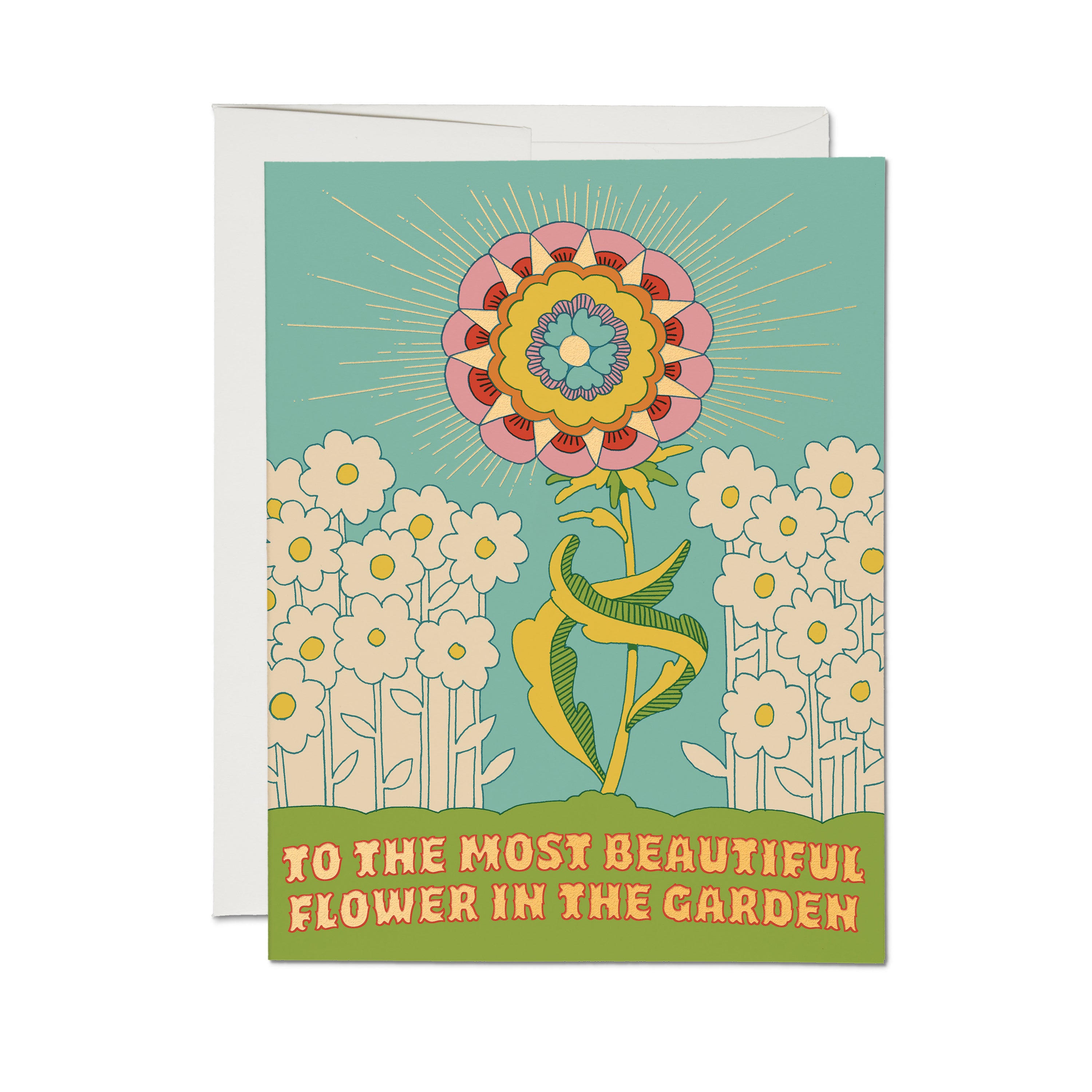 "To the Most Beautiful Flower in the Garden" card with a large flower in a field of white flowers on a blue background.