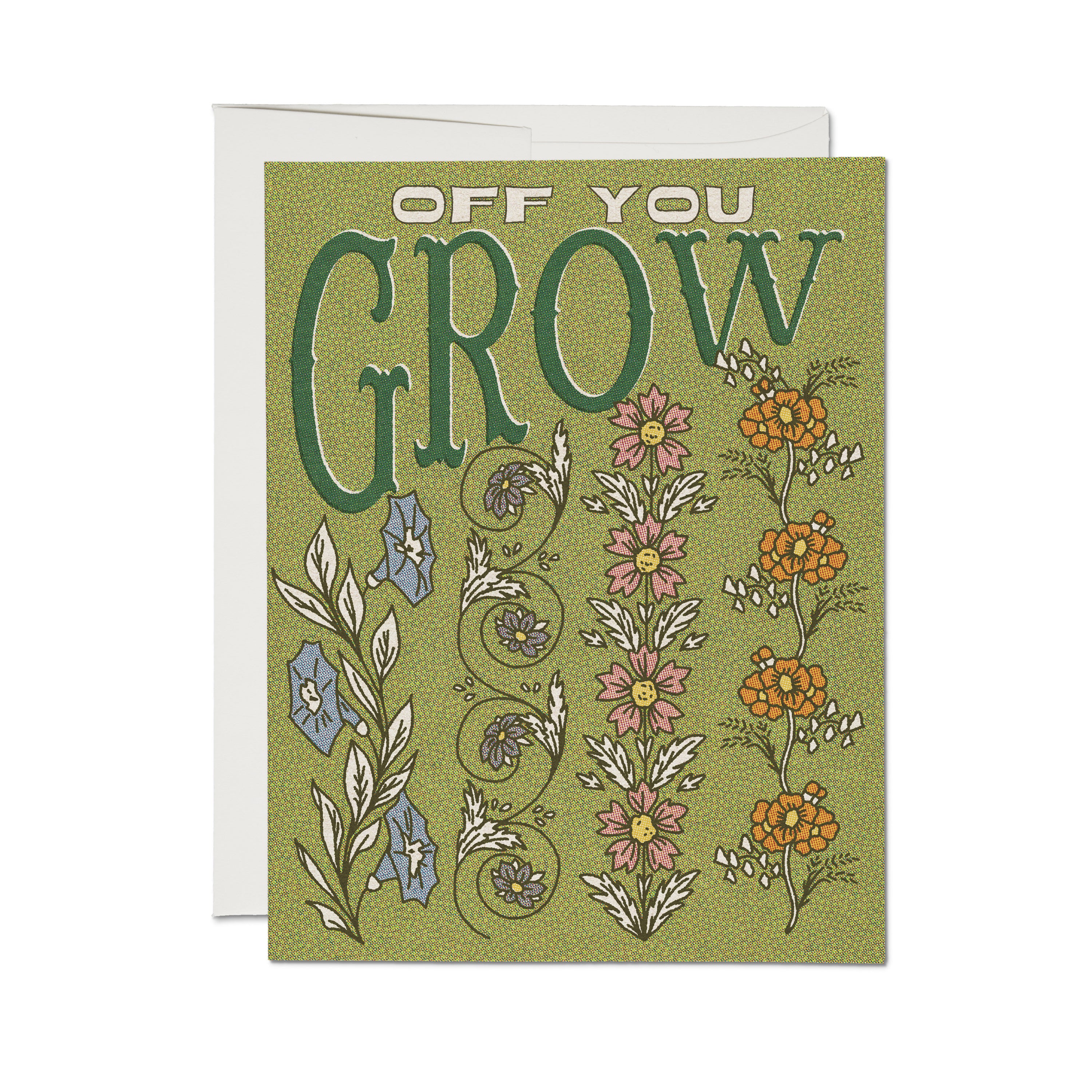"Off You Grow" greeting card with four different colorful long stem floral patterns on a green and yellow dotted background.