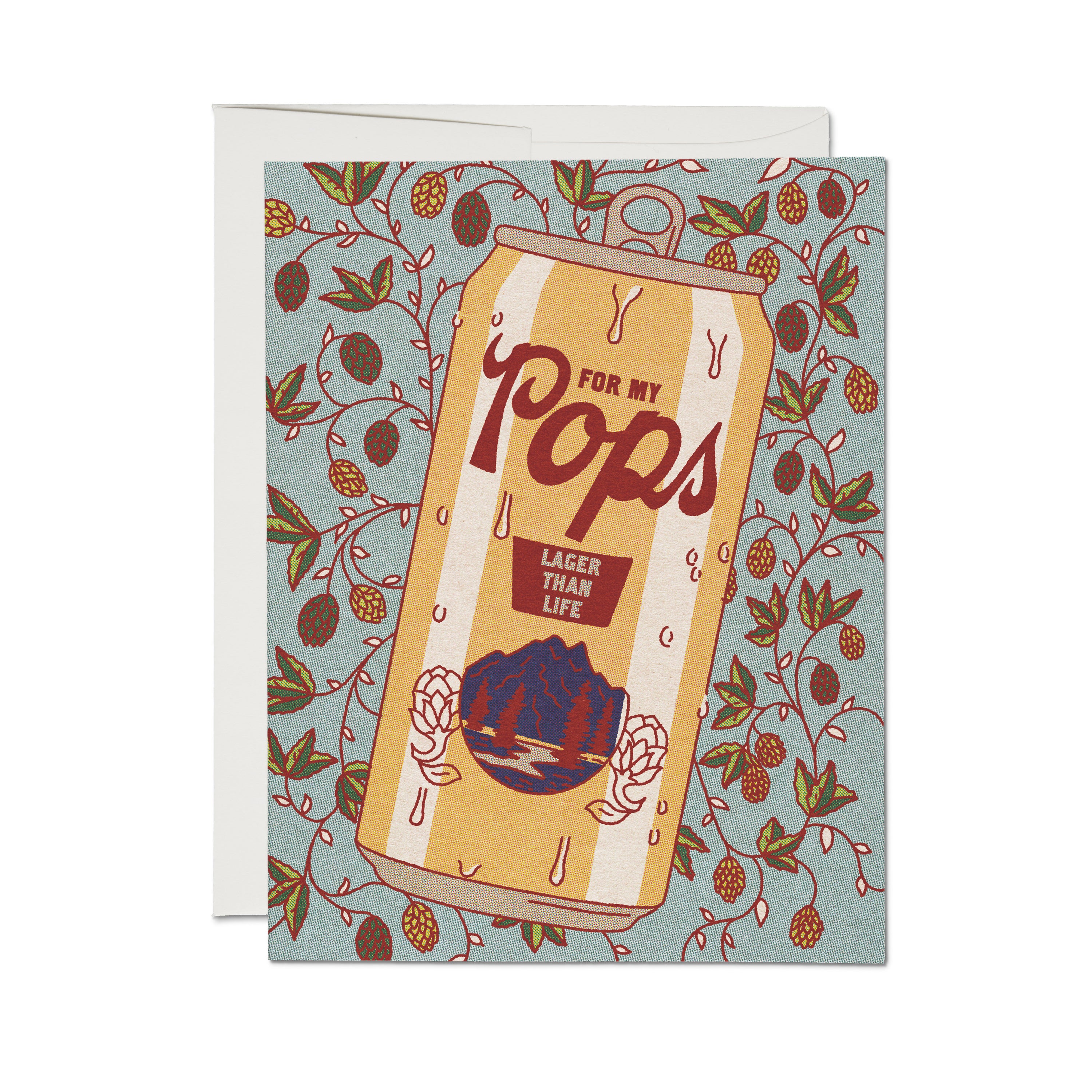 "For My Pops" Father's Day Card with a gold beer can design on a floral hop pattern and light blue background.