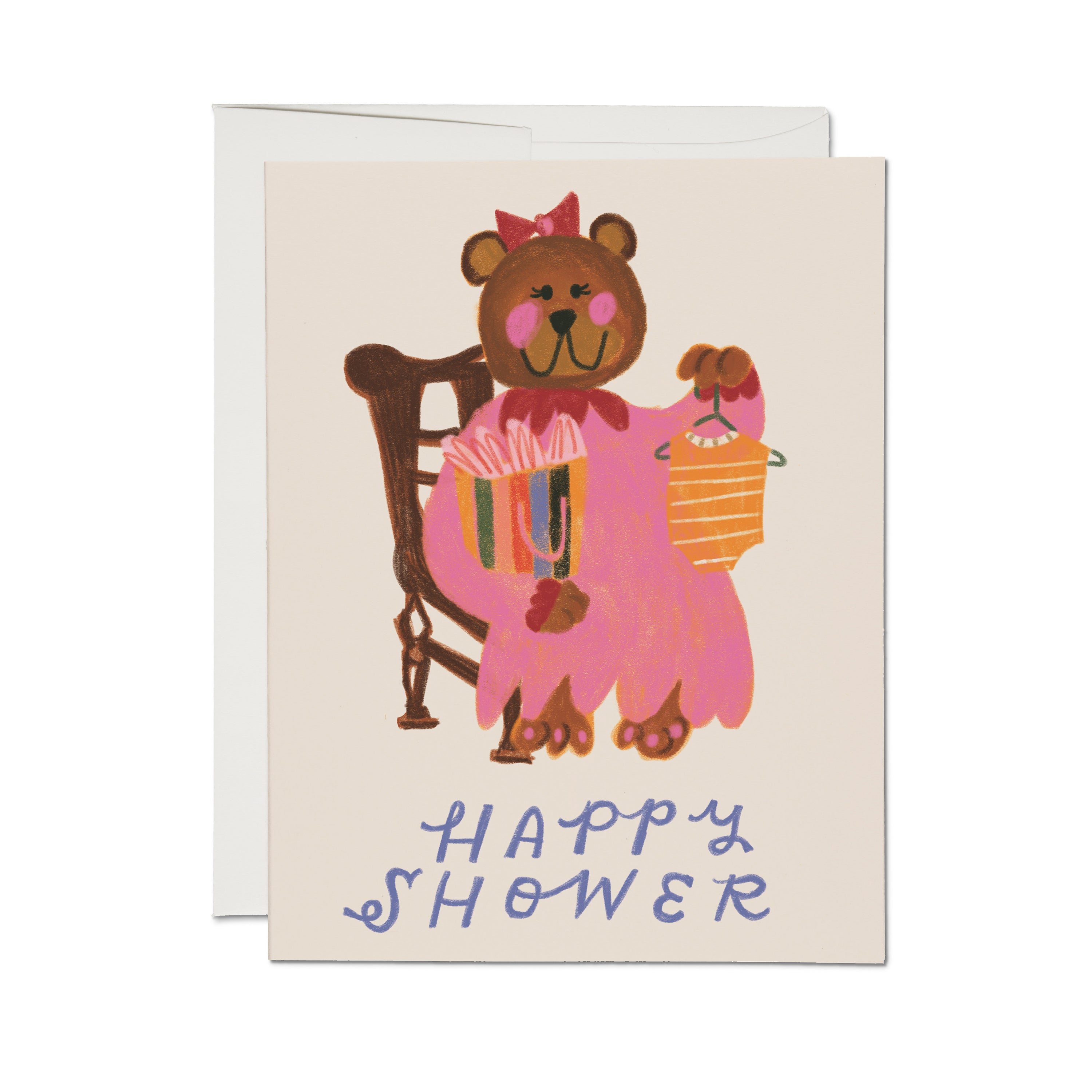 "Happy Shower" Card with a momma bear sitting in a chair holding a gift and baby onesie on a tan background.