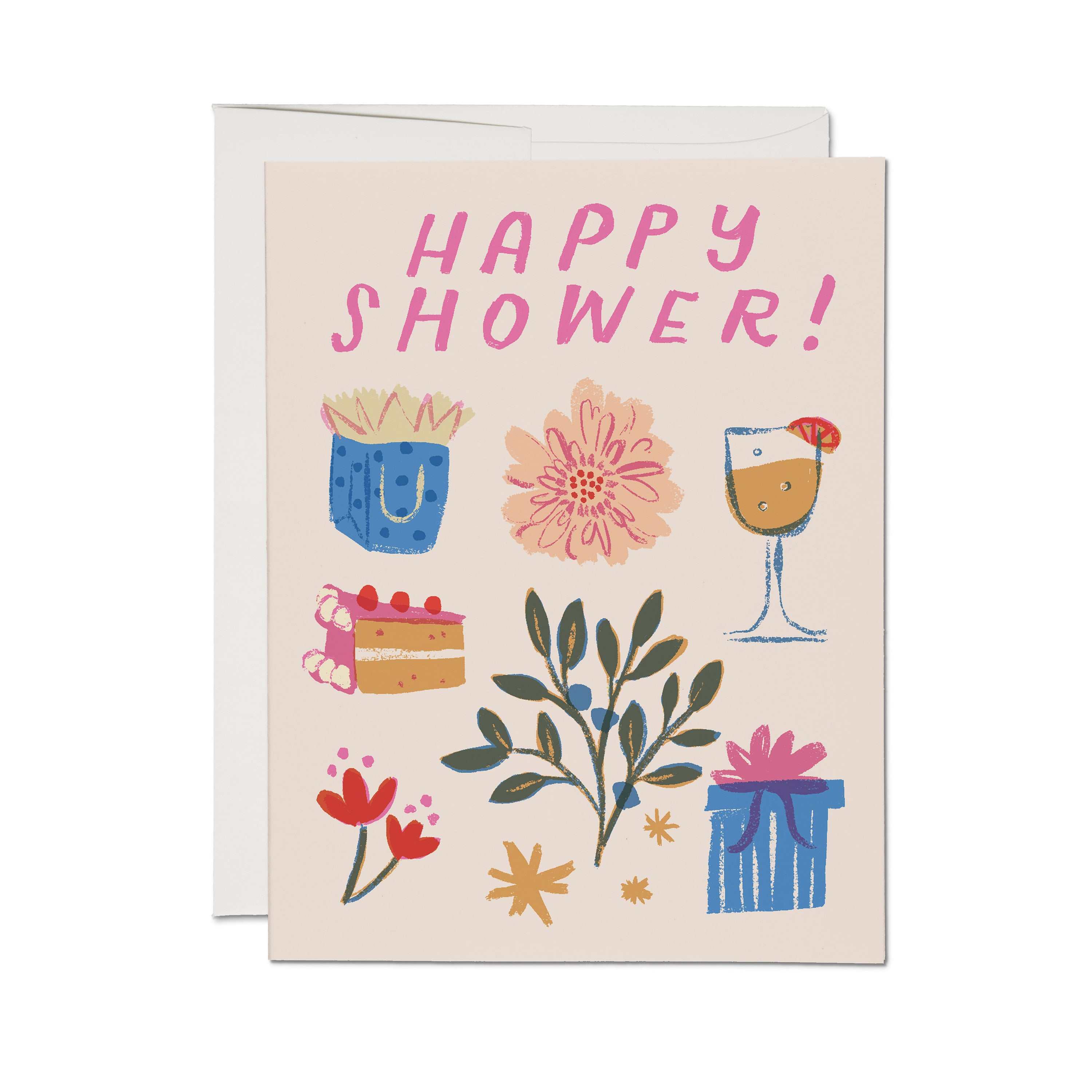"Happy Shower!" Card with flowers, cake, cocktail and presents design on a peach background.