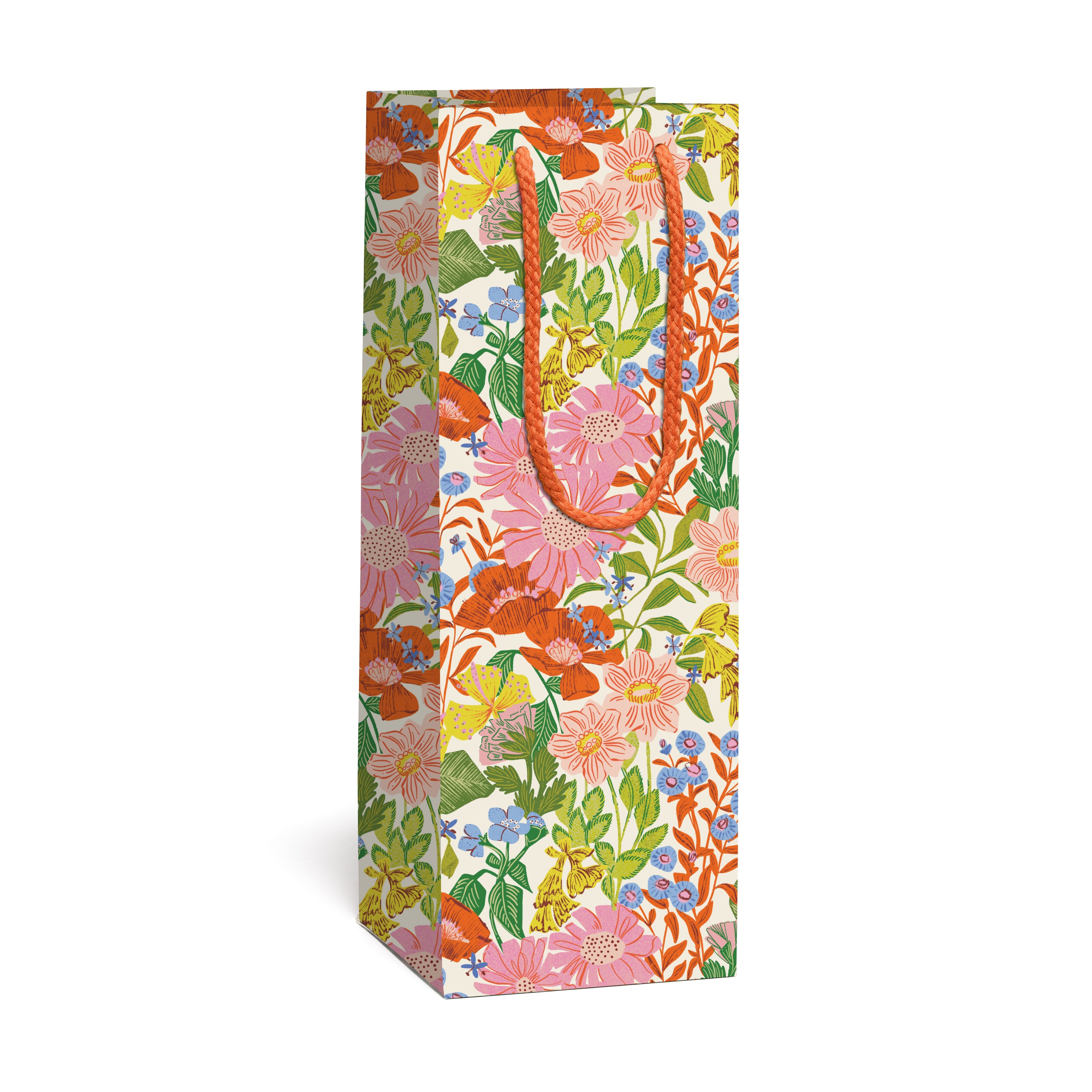 Floral-patterned wine bag with a colorful design and orange rope handle on a white background.