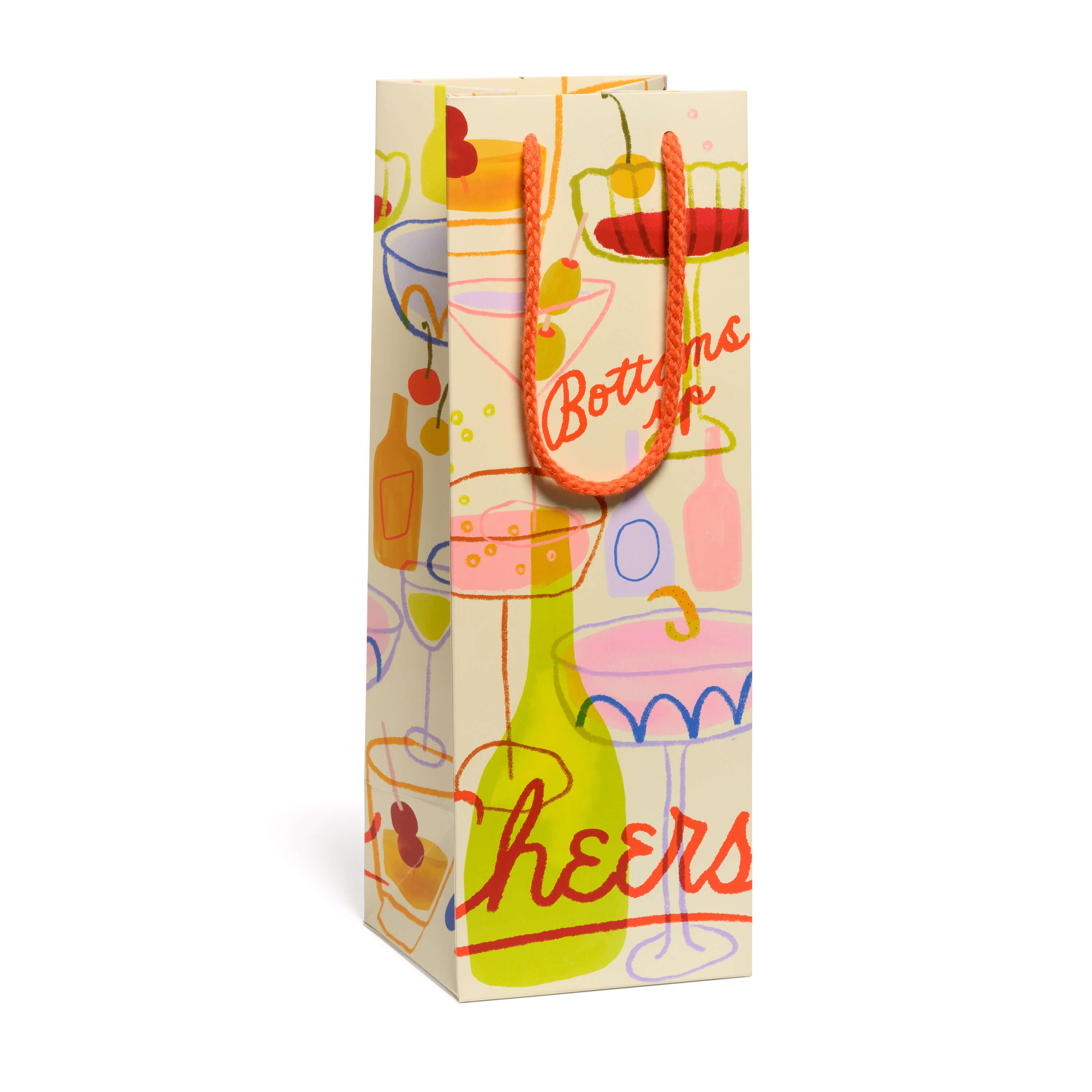 Decorative wine gift bag with cocktail-themed design and 'Bottoms Up' and 'Cheers' text on a white background.