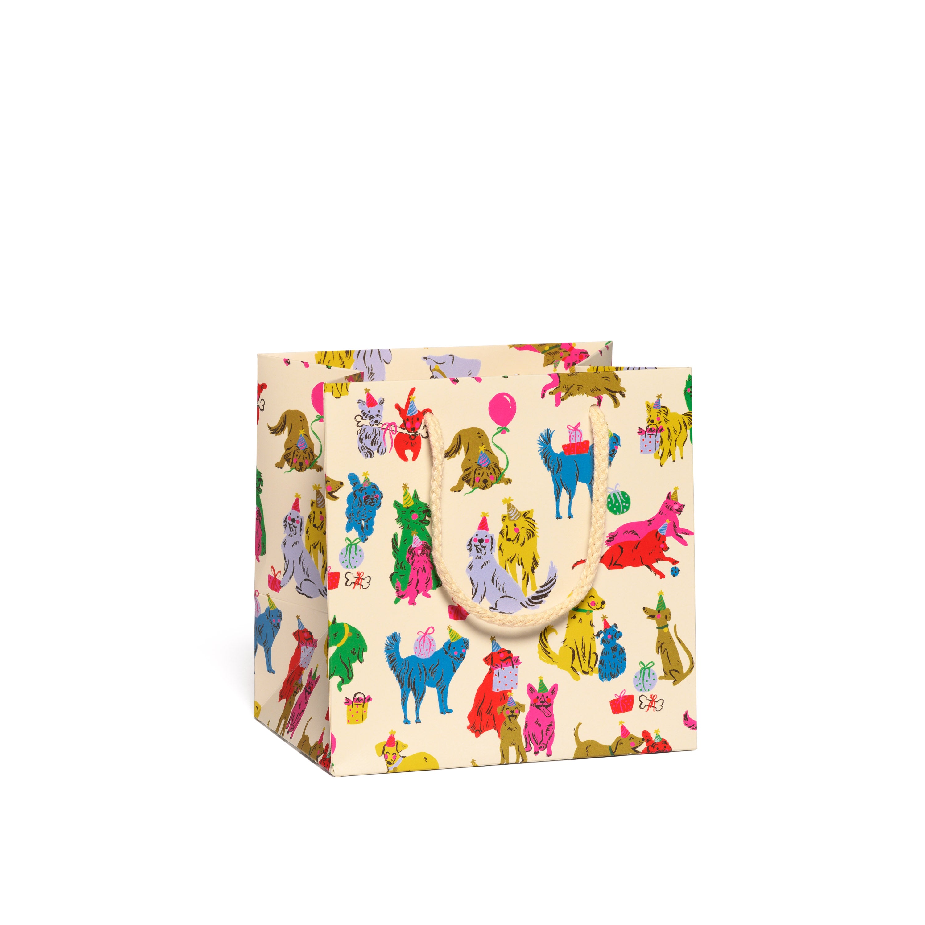 Small sized Gift bag with colorful puppy party illustrations on a tan background.