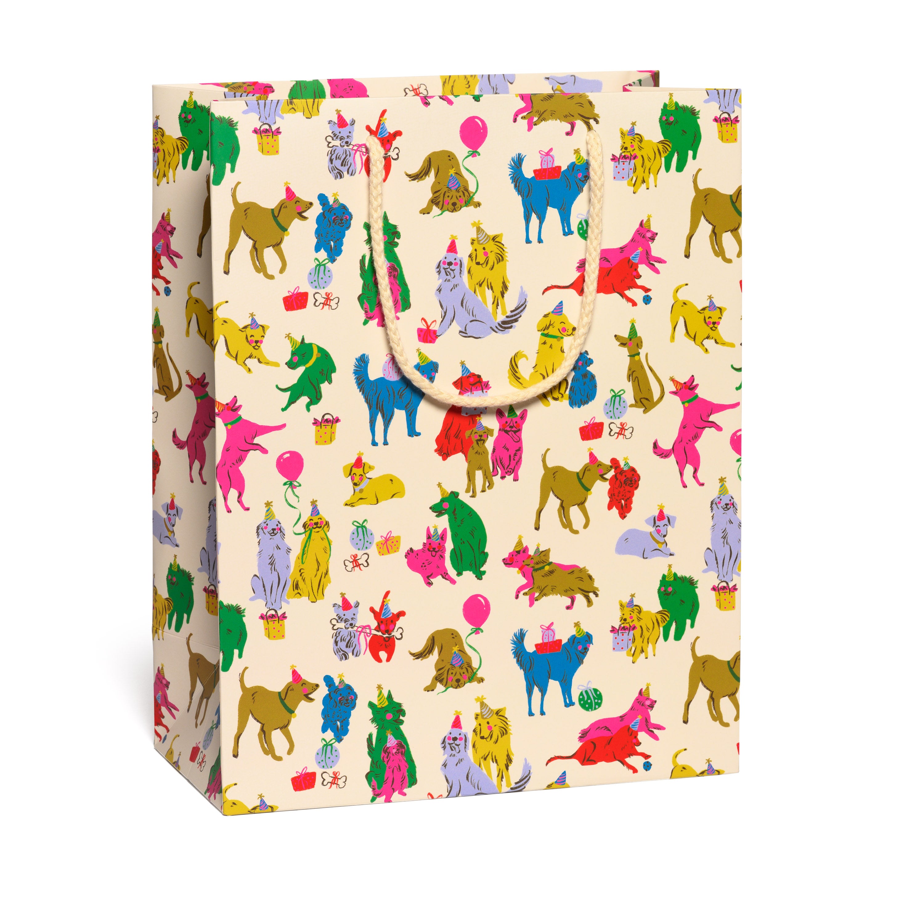 Large Gift bag with colorful dog pattern on a white background.