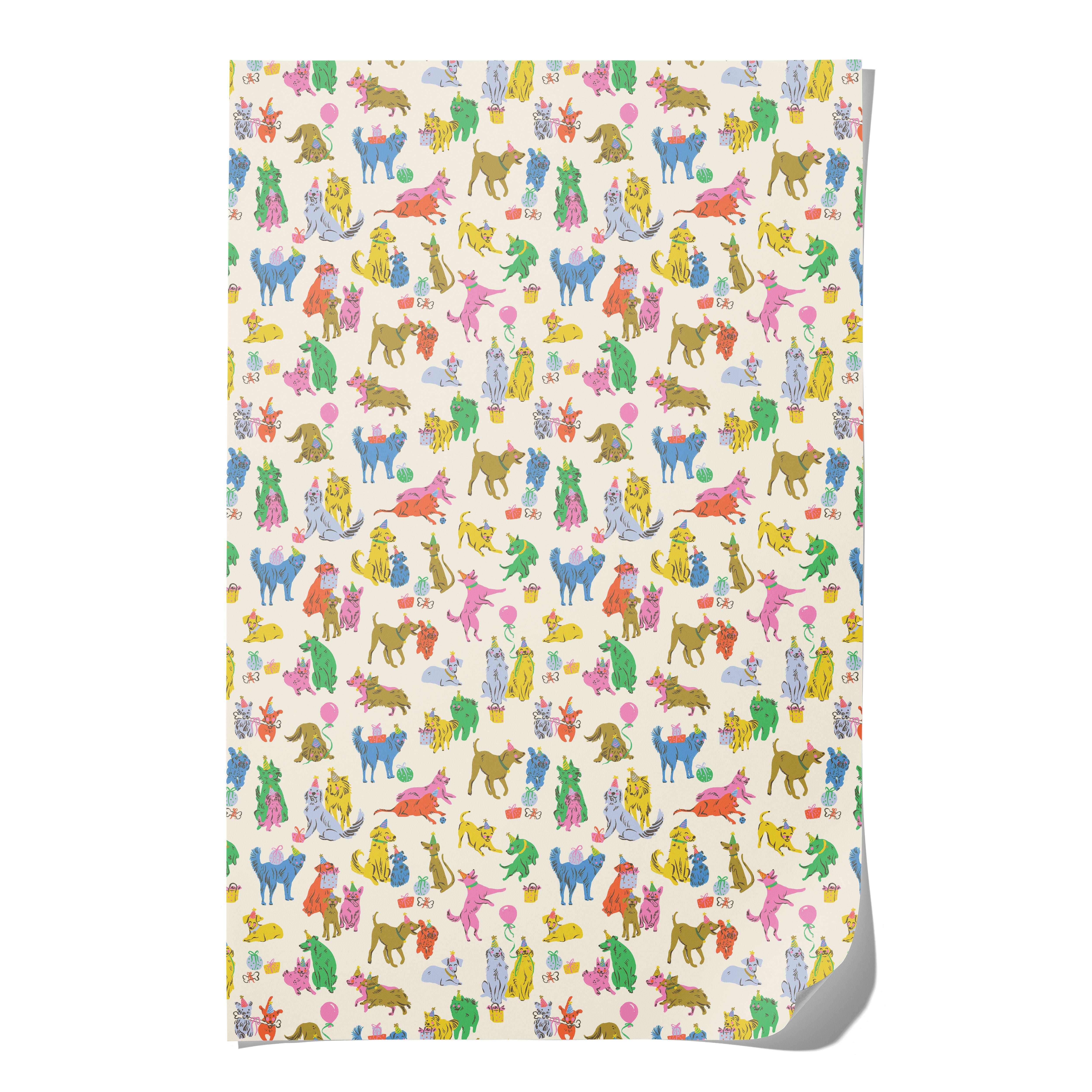 Gift Wrap Paper with a colorful dog birthday party pattern on a white background