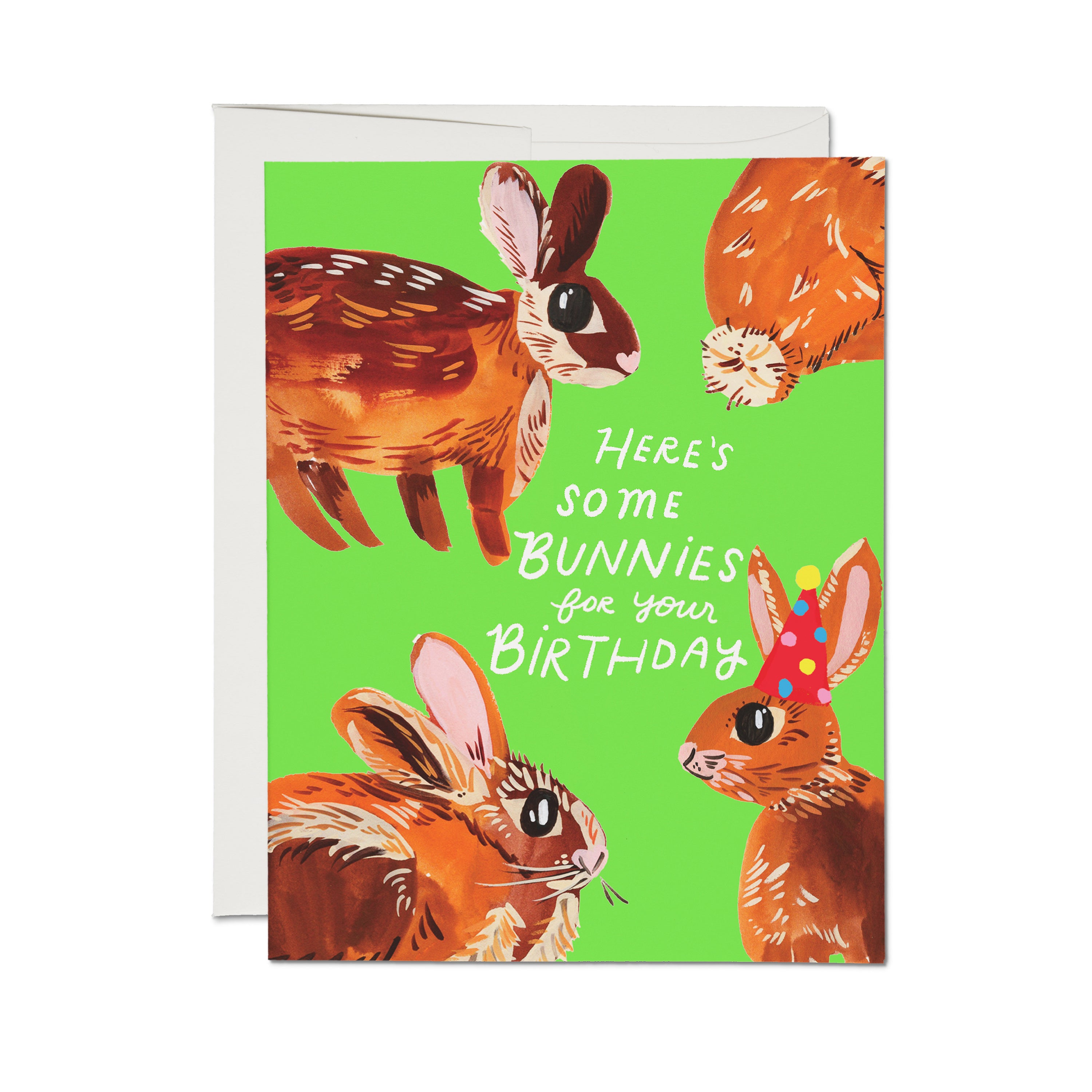 Birthday card with four illustrated bunnies on green background with "Here's Some Bunnies for your Birthday" text.