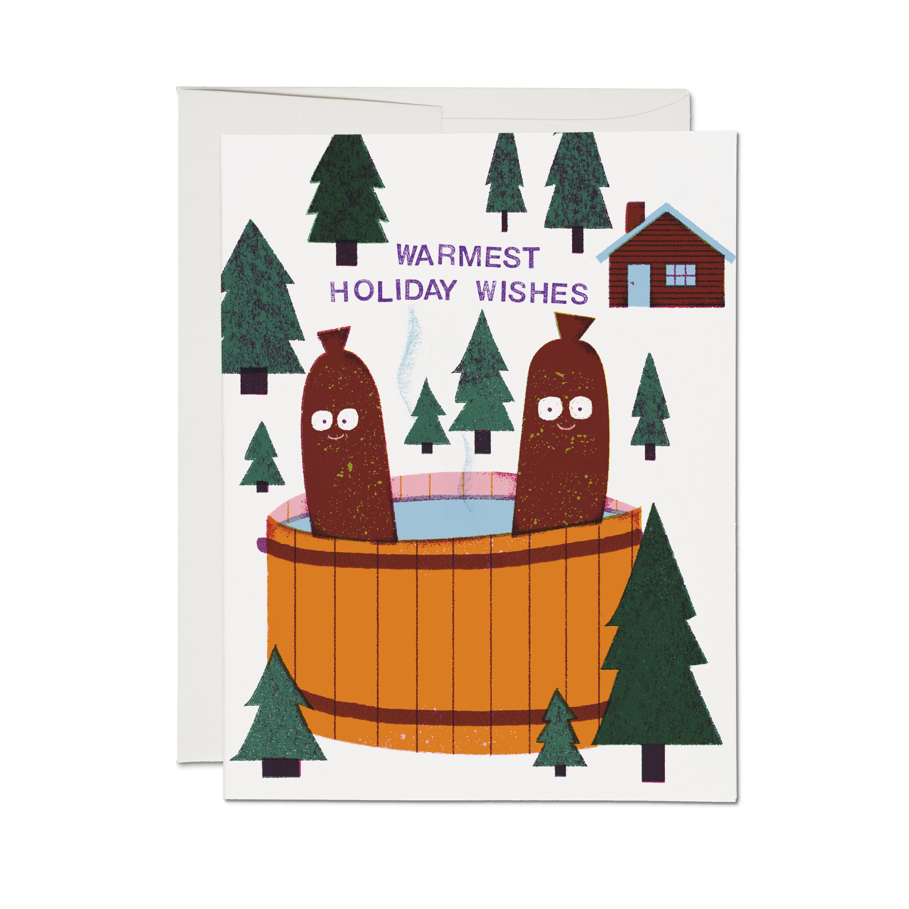 "Warmest Holiday Wishes" card with two cartoon sausages sitting in a hot tub in a snowy wooded forest background.