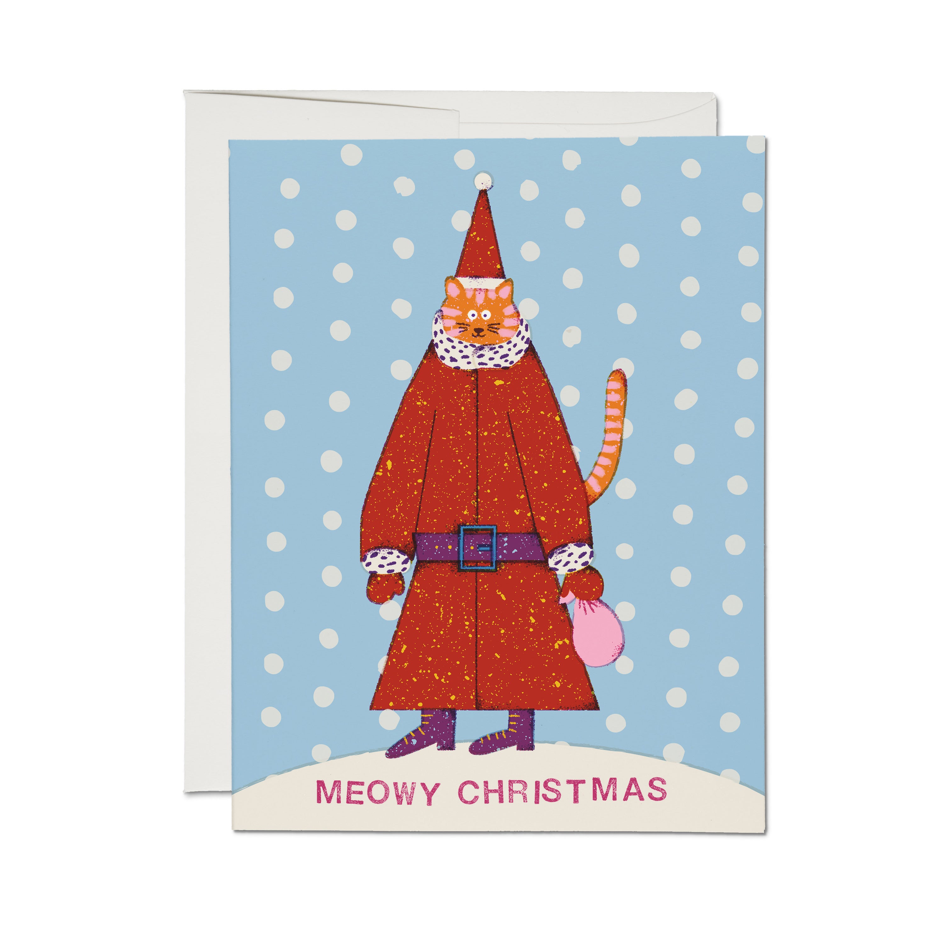 Christmas card with an orange cat dressed as Santa on a blue and white dotted background and "Meowy Christmas" text.
