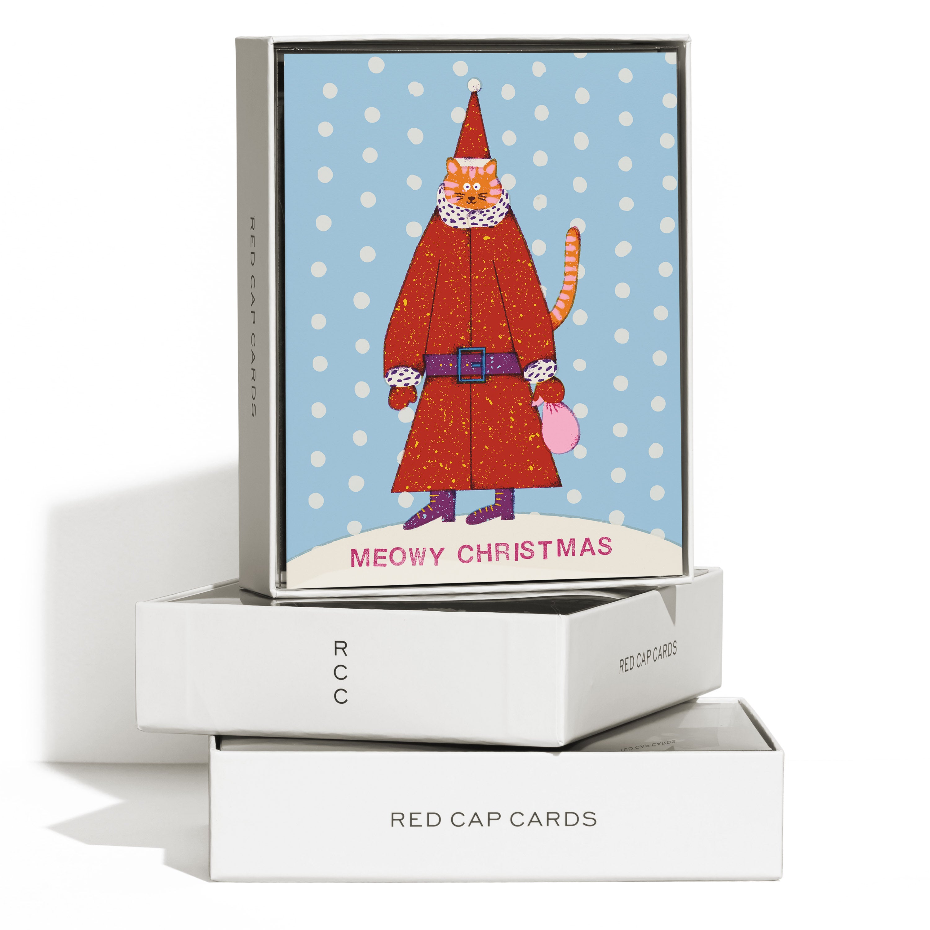 Set of 8 Christmas cards with a orange cat dressed as Santa on a blue and white dotted background and "Meowy Christmas" text.