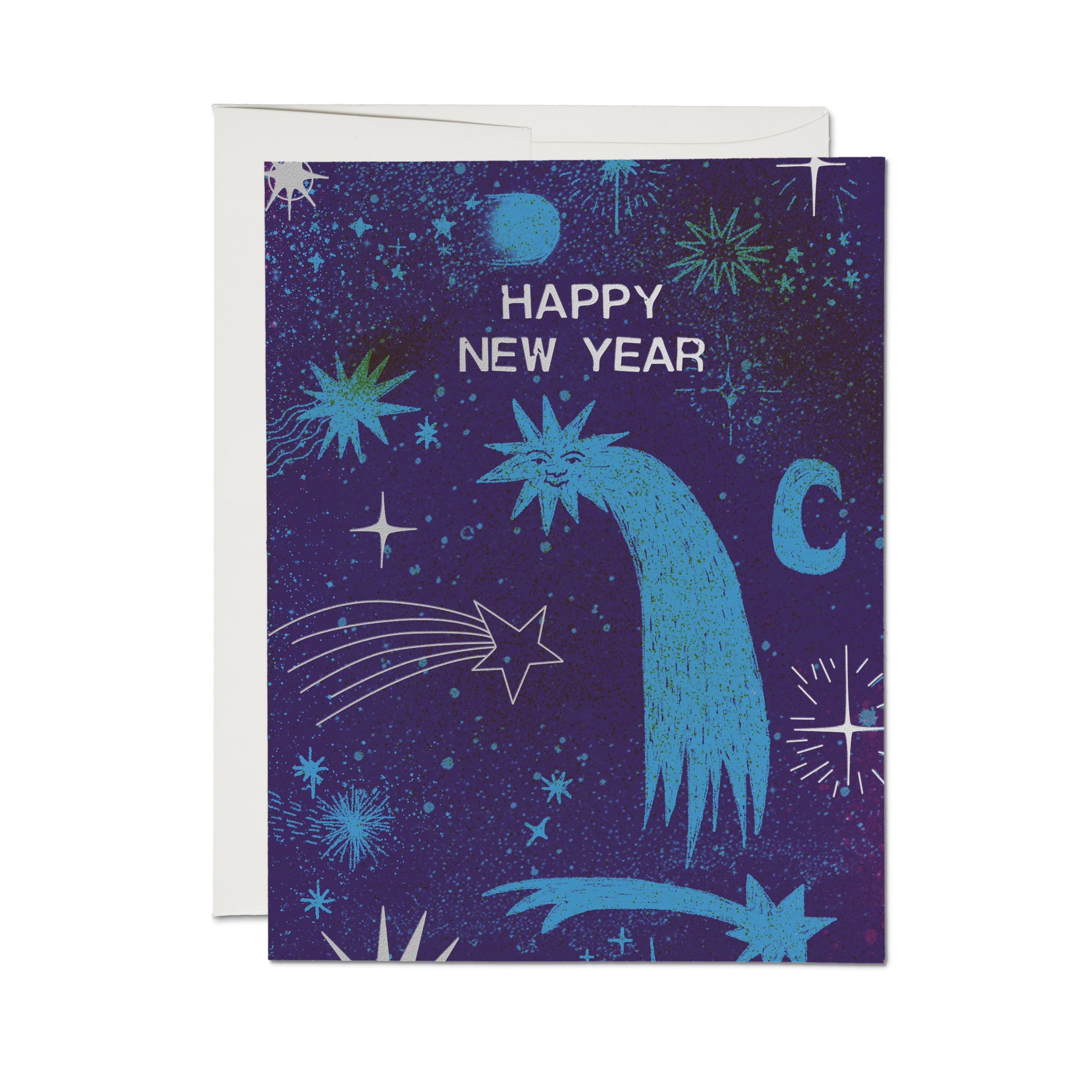 "Happy New Year" greeting card with shooting stars, one with a face on a navy blue background.