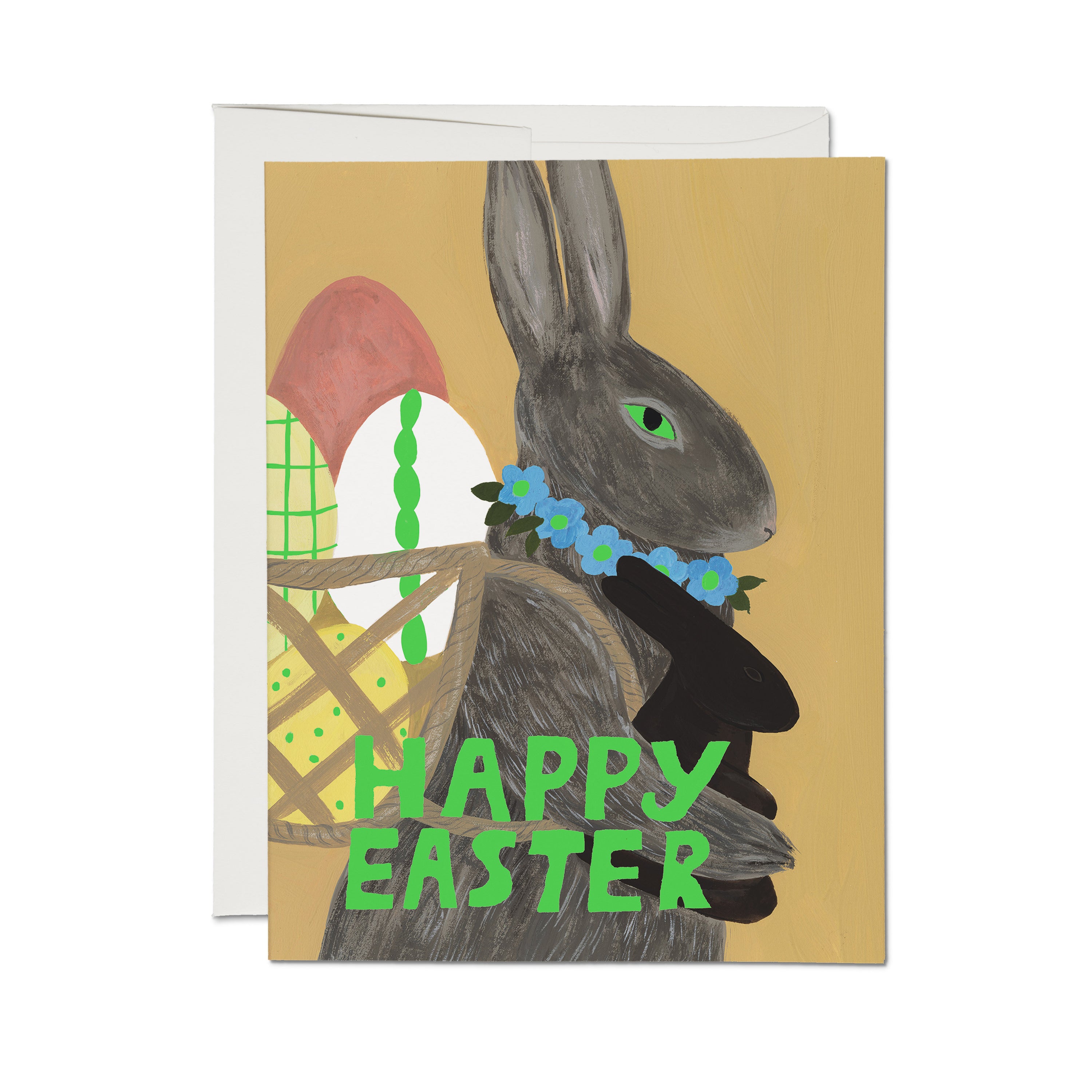 "Happy Easter" card with illustrated brown bunny holding a satchel of decorated eggs and chocolate bunny on a tan background.