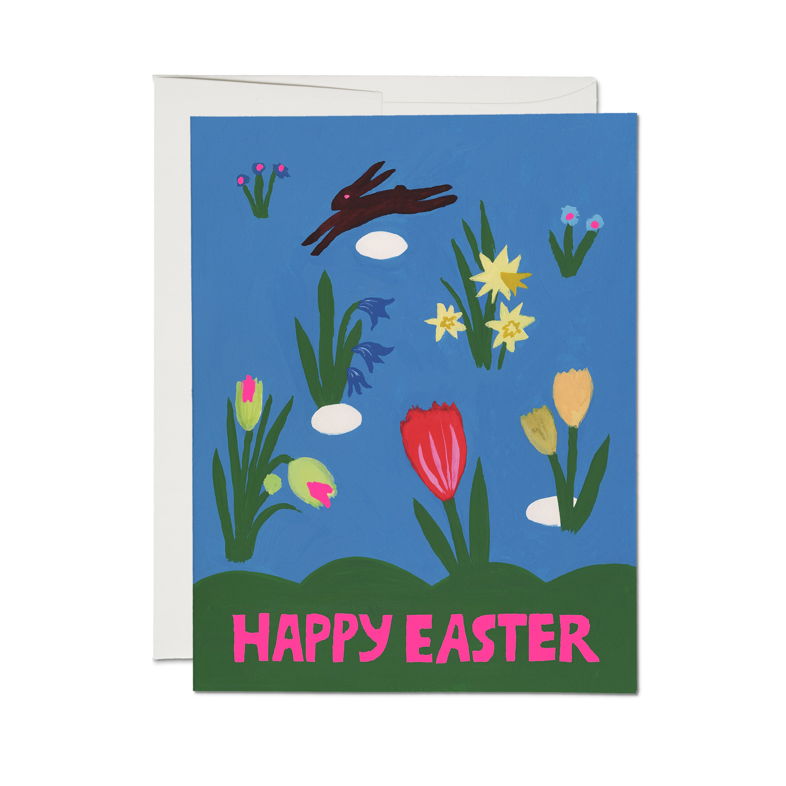 'Happy Easter' card with brown bunny jumping over a field of tulips in a blue and green background.