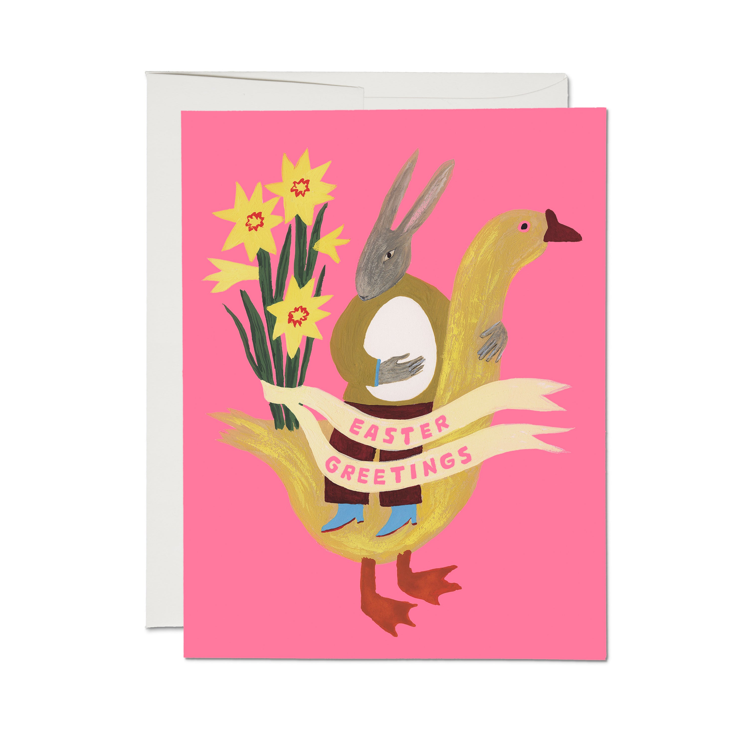 "Easter Greetings" card with animated rabbit holding an egg and riding a goose with daffodils on a pink background.