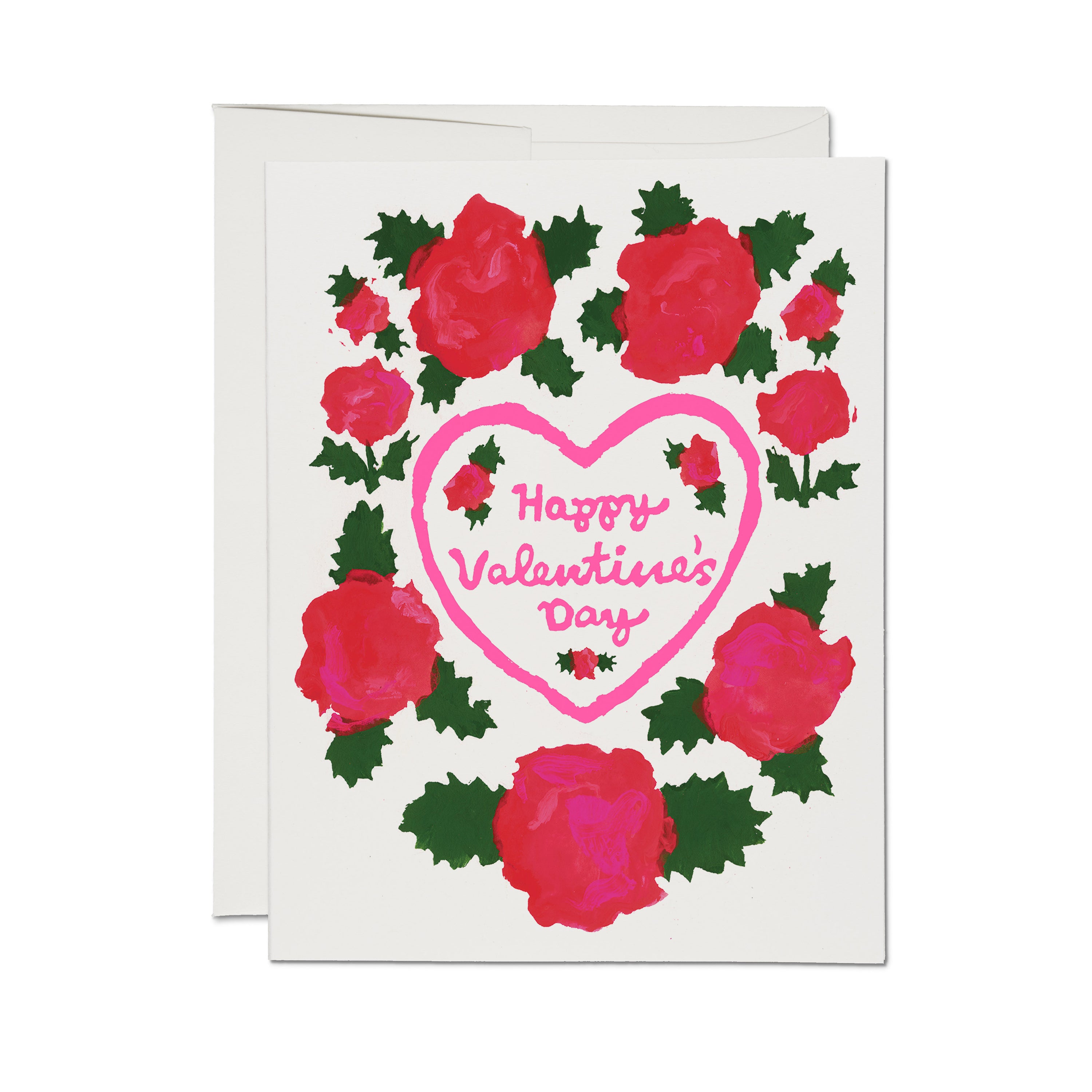 'Happy Valentine's Day' card, pink heart outline surrounded by painted red roses and green leaves, cream background.