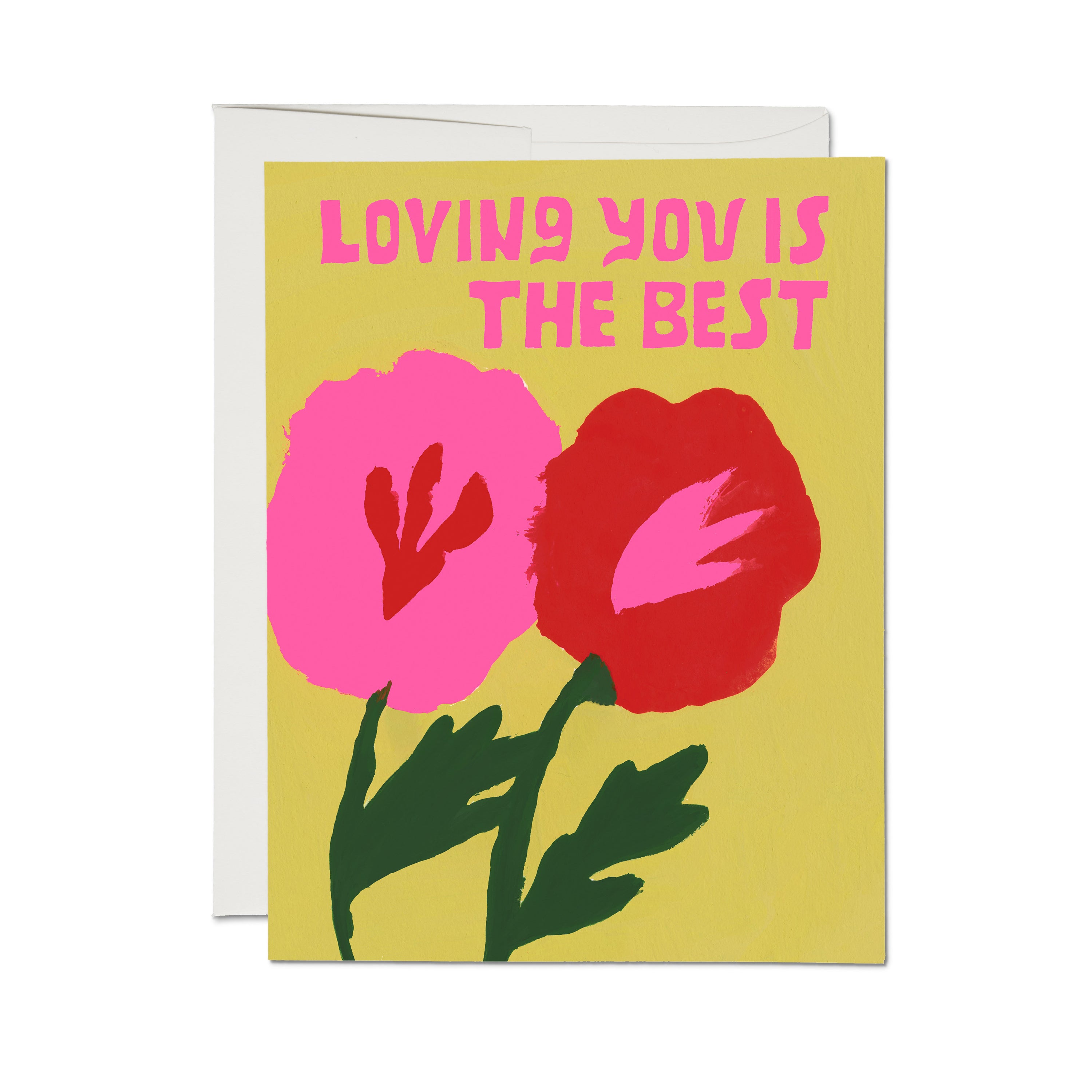 "Loving You Is The Best" card with a pink and red flower with green stem on a yellow background.