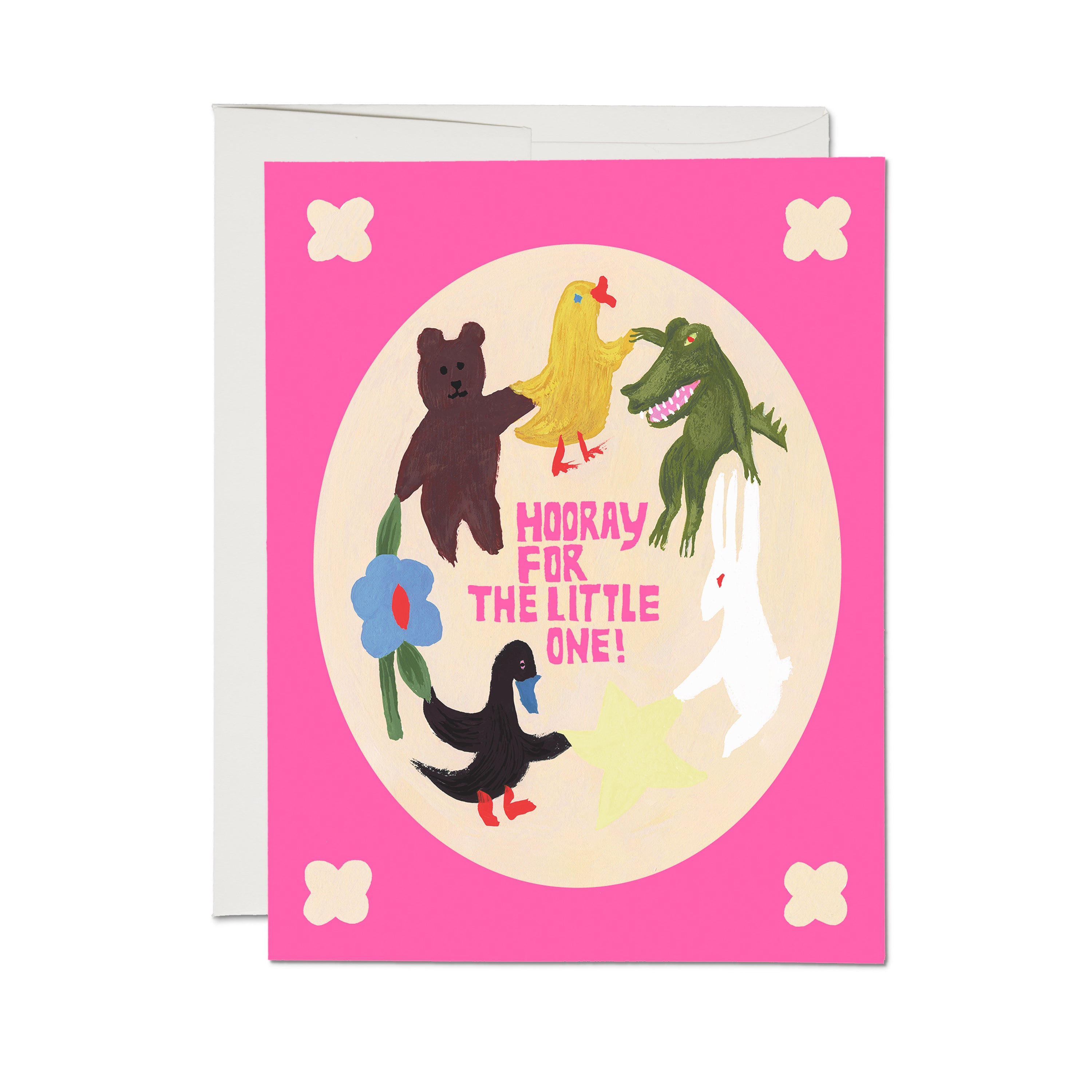 "Hooray For the Little One!" card with cartoon bear, chick, alligator, bunny, star, duck and flower holding hands in a circle.