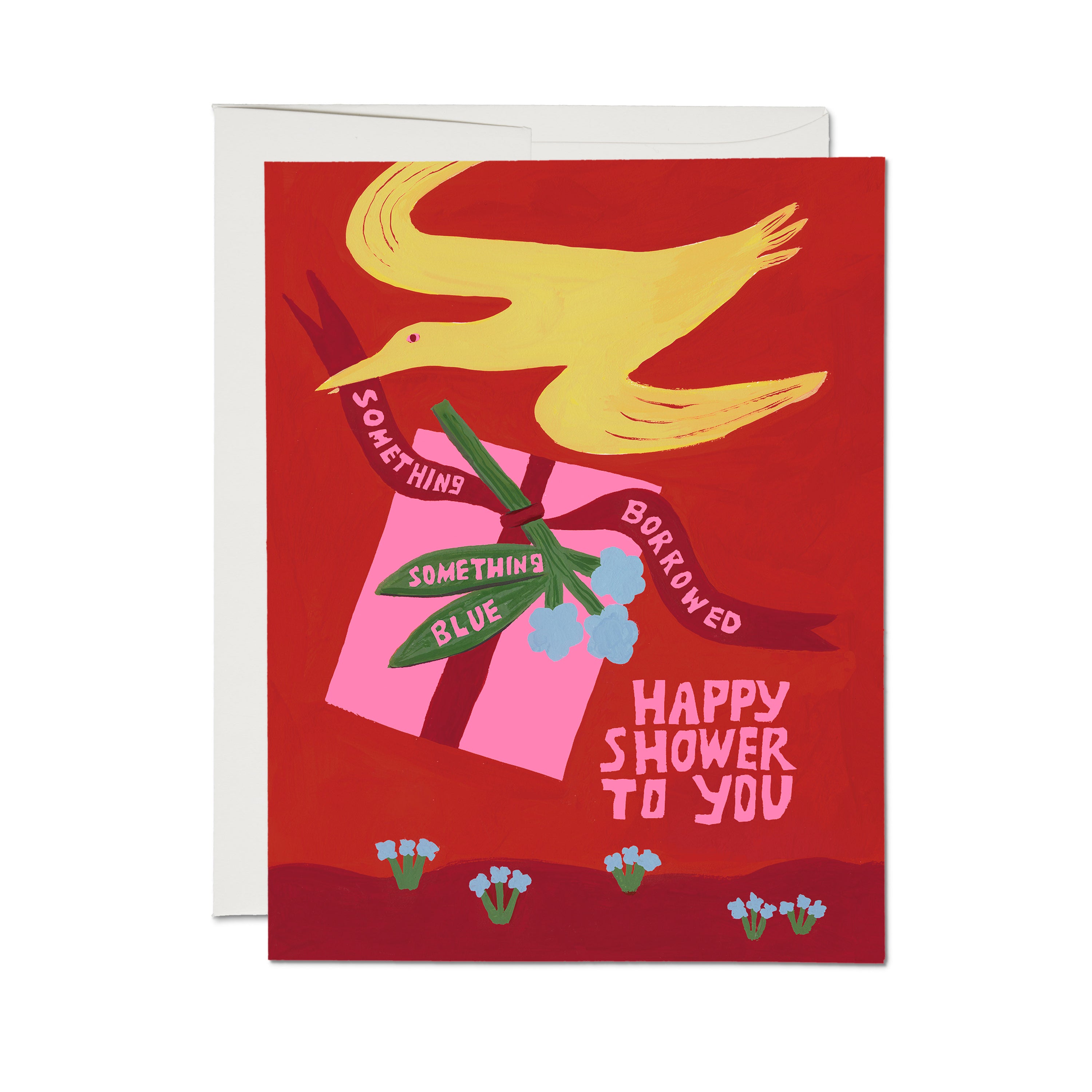 'Happy Shower to You' card with a yellow bird carrying a gift, 'Something Borrowed Something Blue' ribbon on red background.