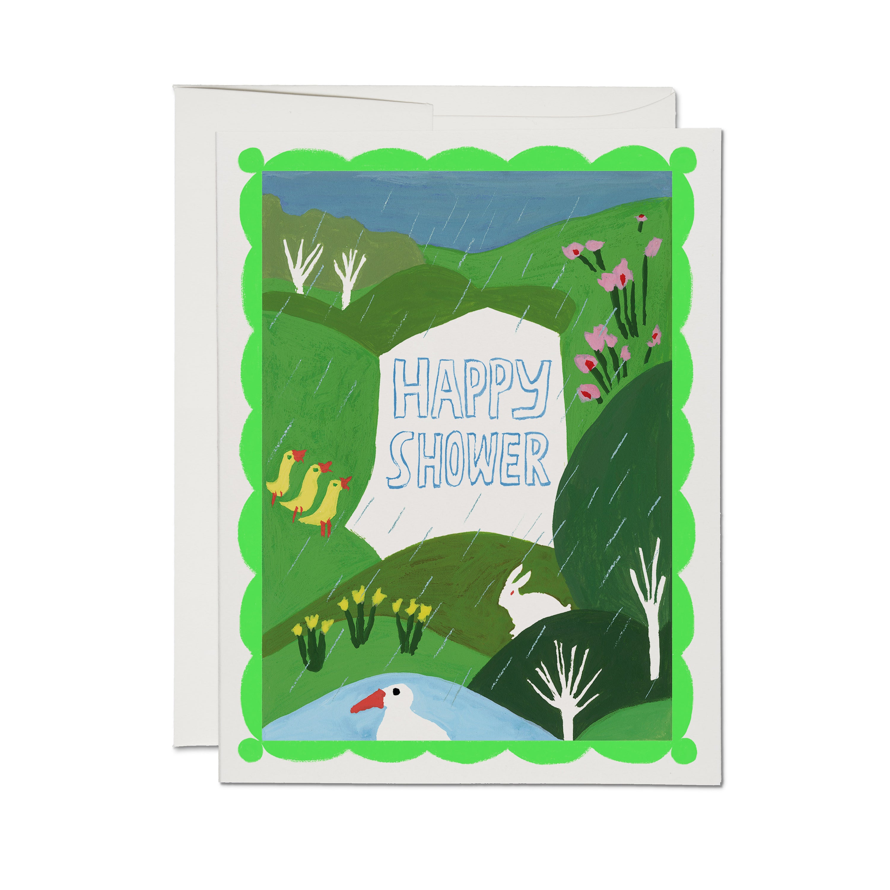 "Happy Shower" card with three yellow birds and a rabbit  in a rainy field with trees and flowers and a duck in a pond.