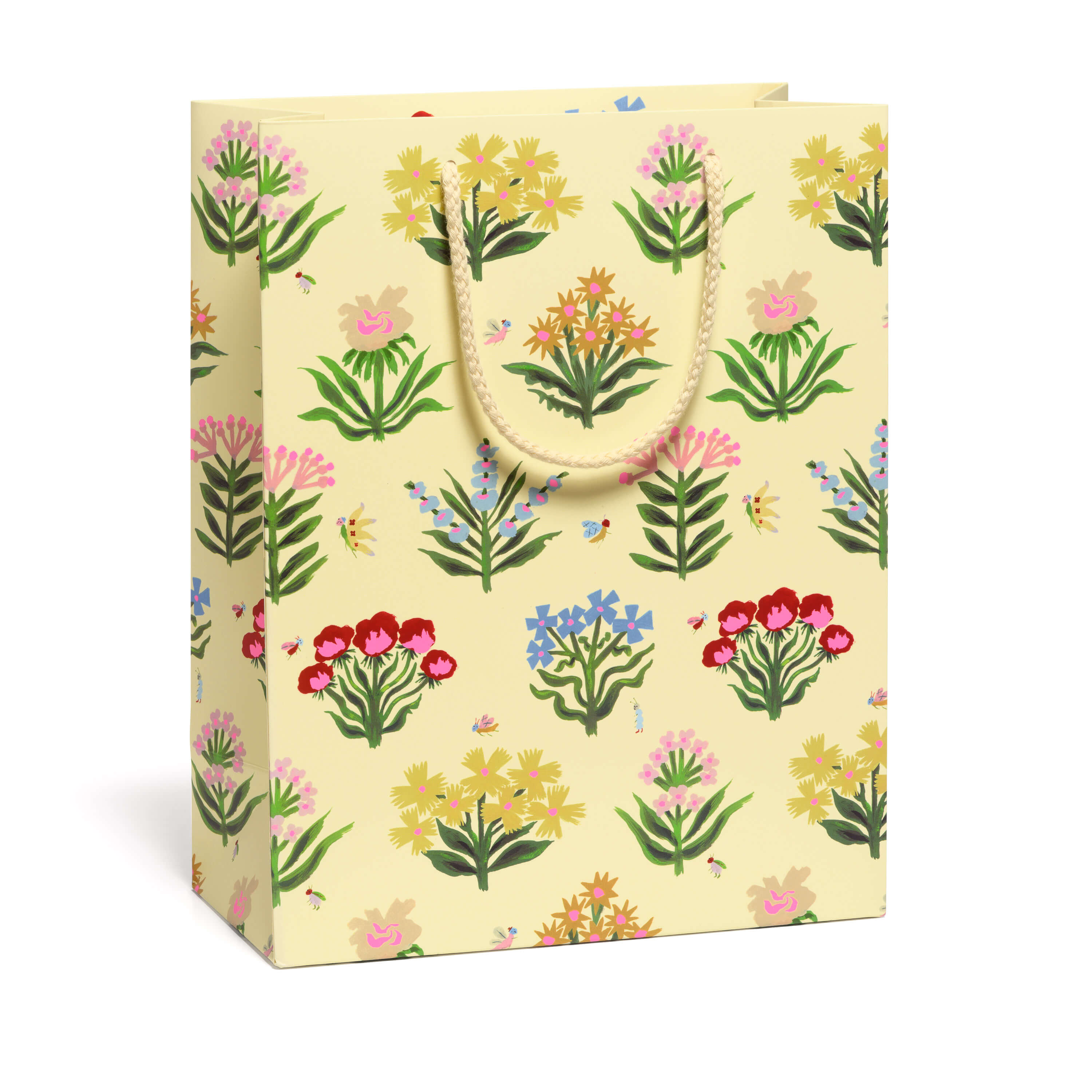 Gift bag with floral pattern with a tan rope handle on a white background.