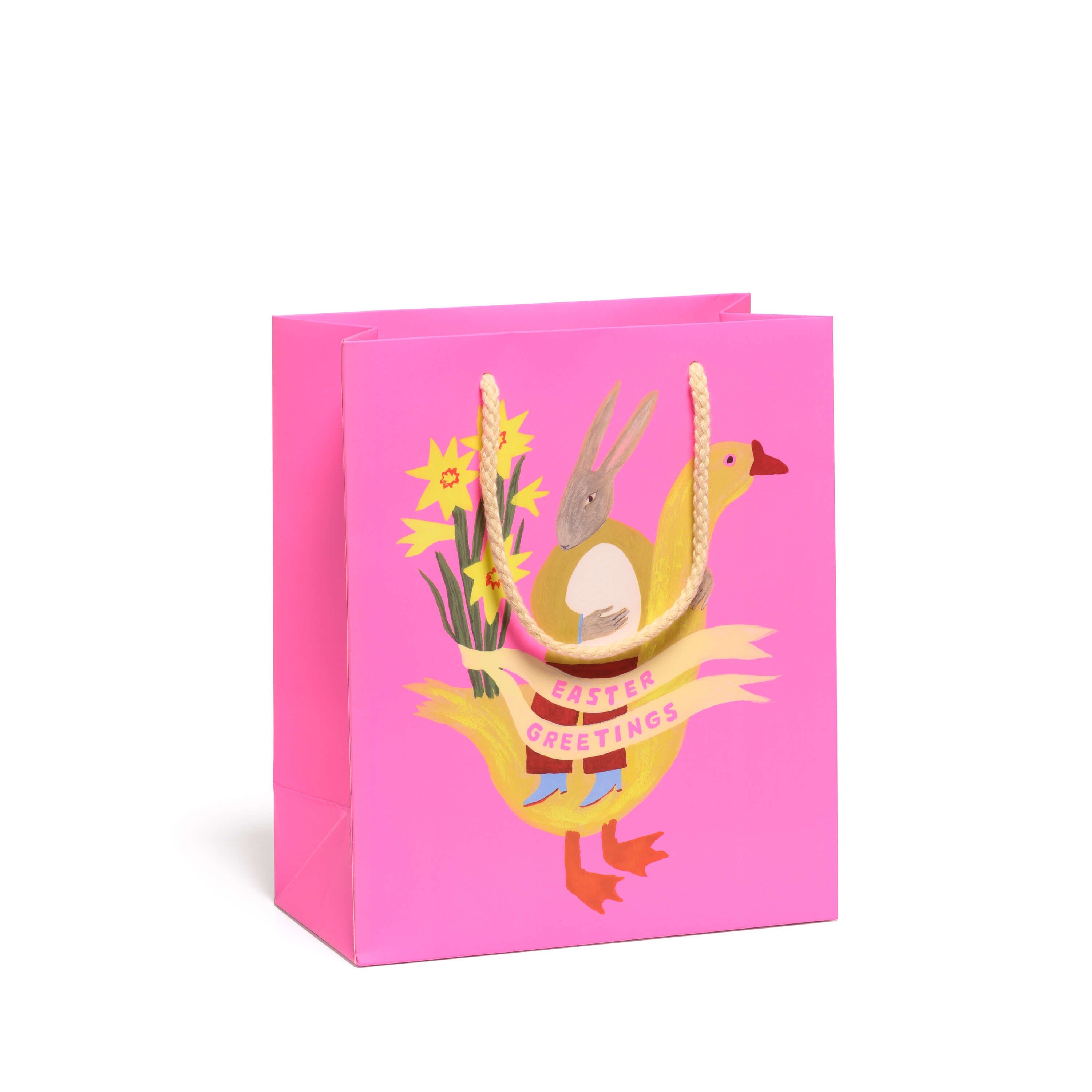 Pink Easter gift bag with bunny and chick design with "Easter Greetings" text on a white background.