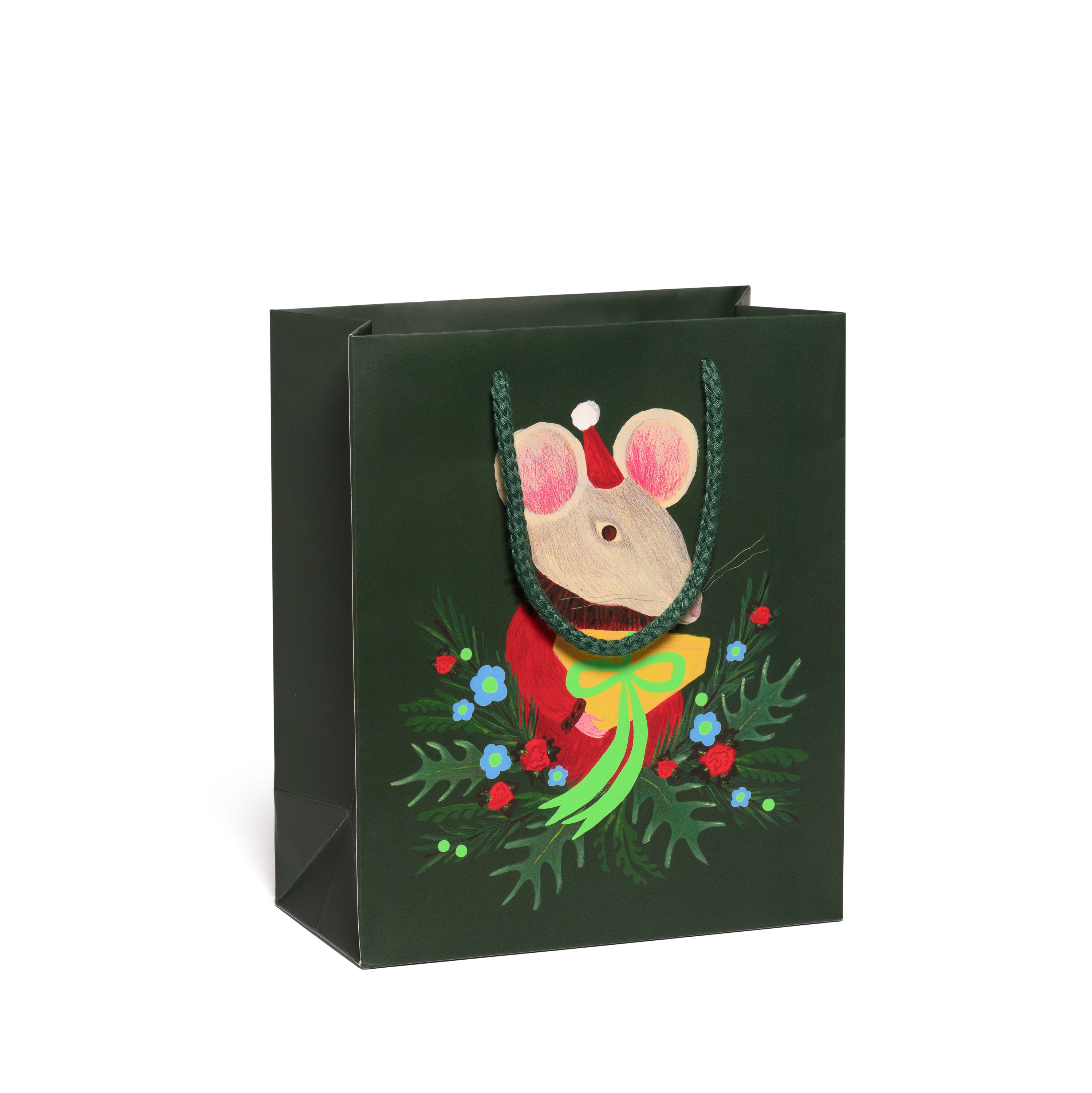 Medium sized green gift bag with a festive Christmas mouse design.