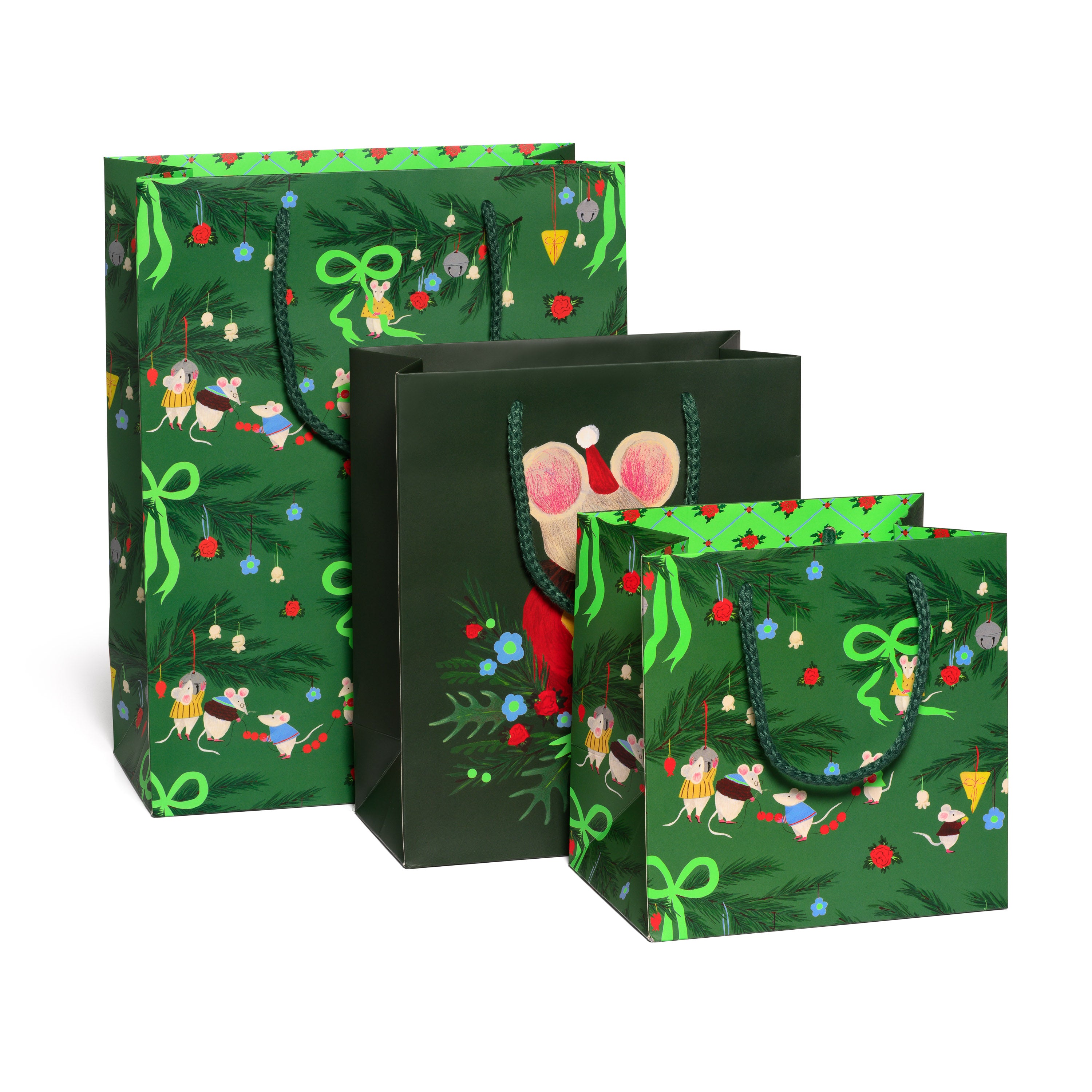 Set of green gift bags with festive designs and cartoon mice on a green background.