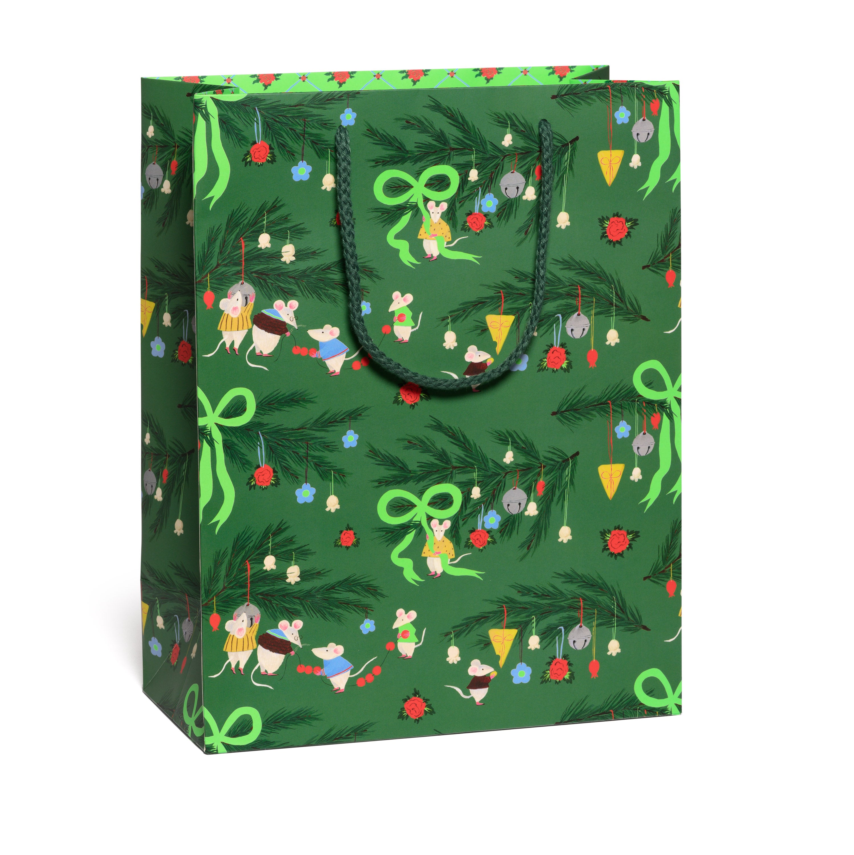 Large green gift bag with festive designs, Christmas decorations and cartoon mice on a green background.