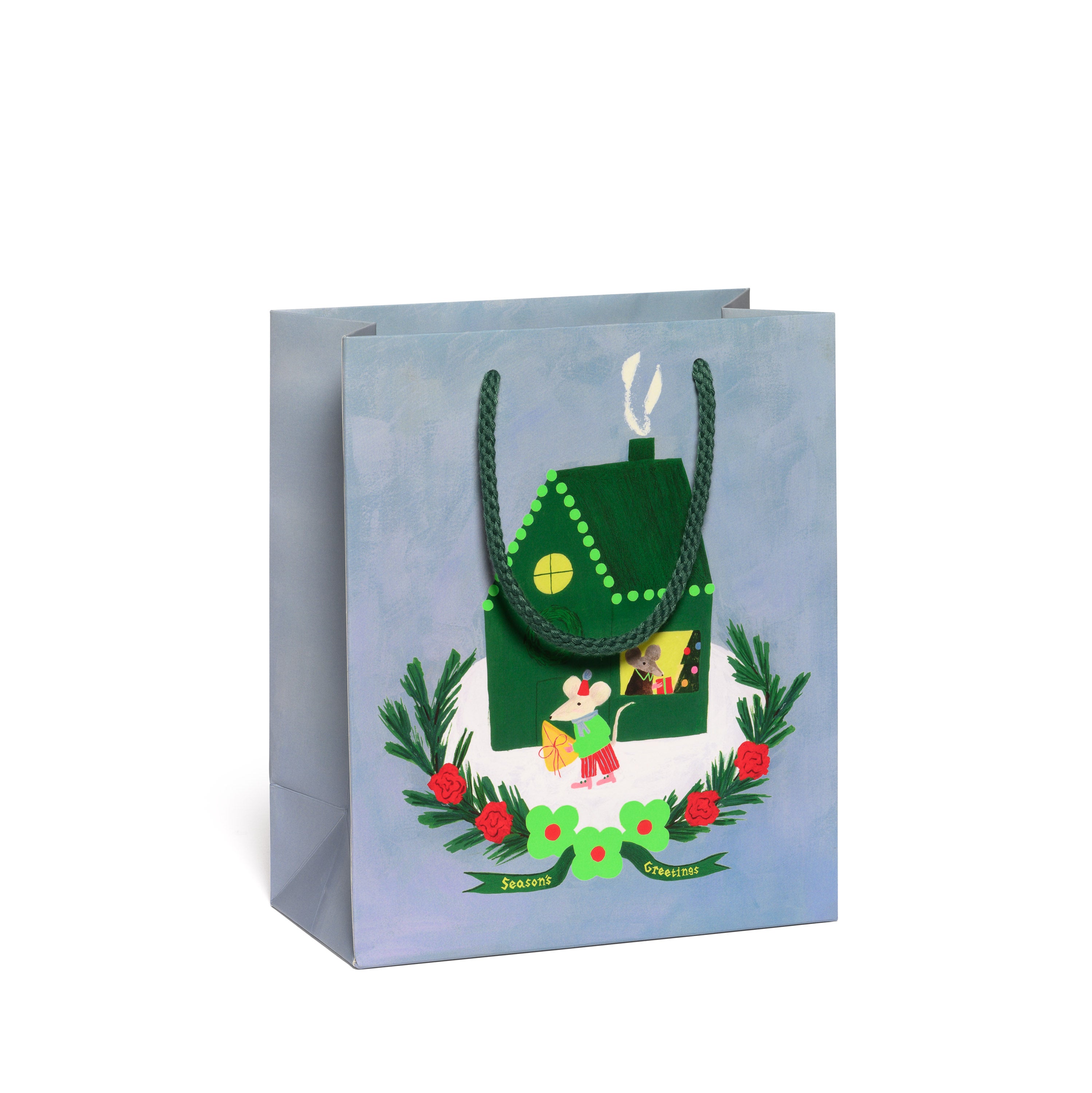 Gift bag with mice at a green house, pine branches, red roses, and "Seasons Greetings" banner on a blue background.