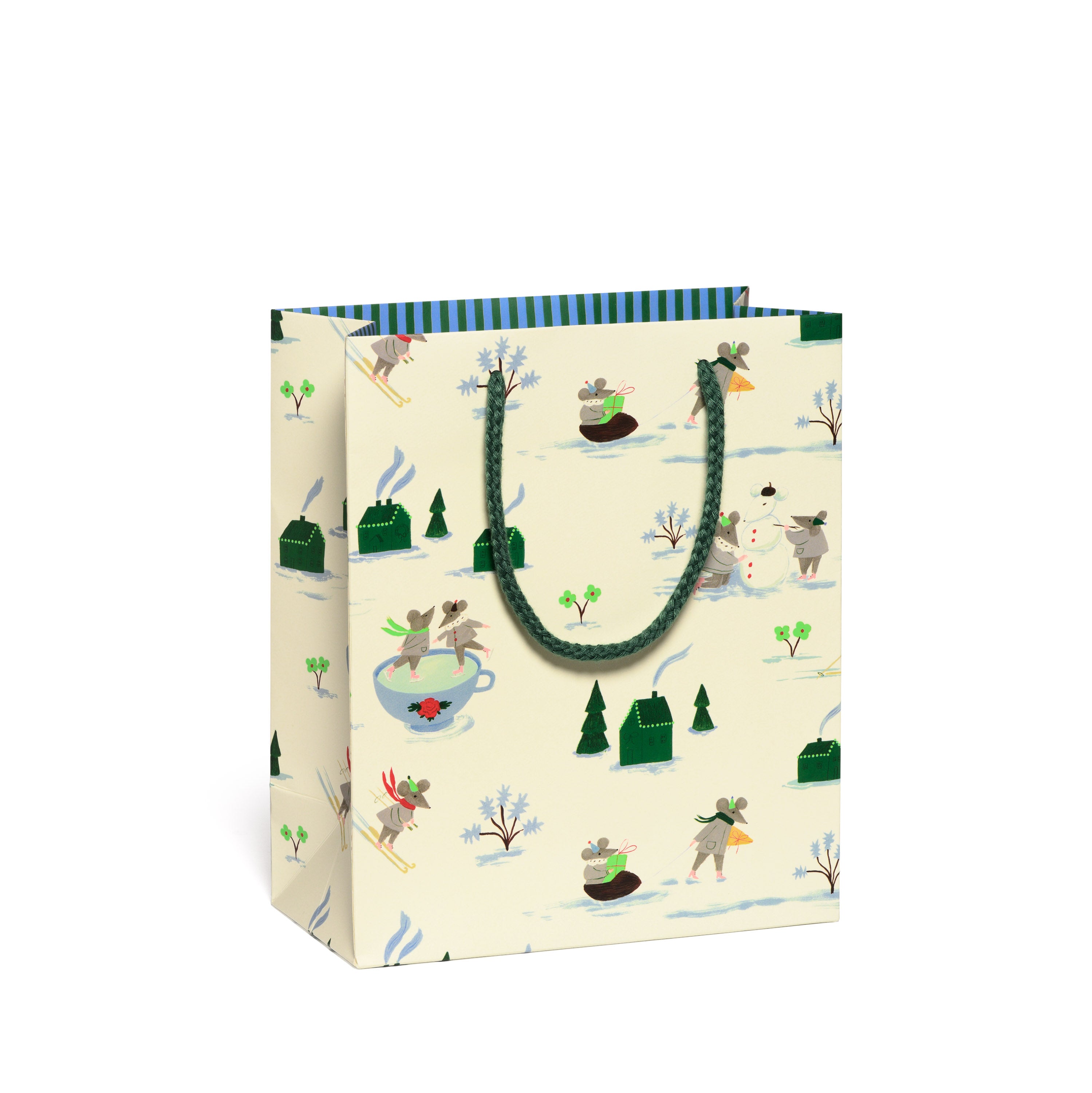 Medium Holiday gift bag with winter snow themes and cartoon mice on a tan background and green rope handle.