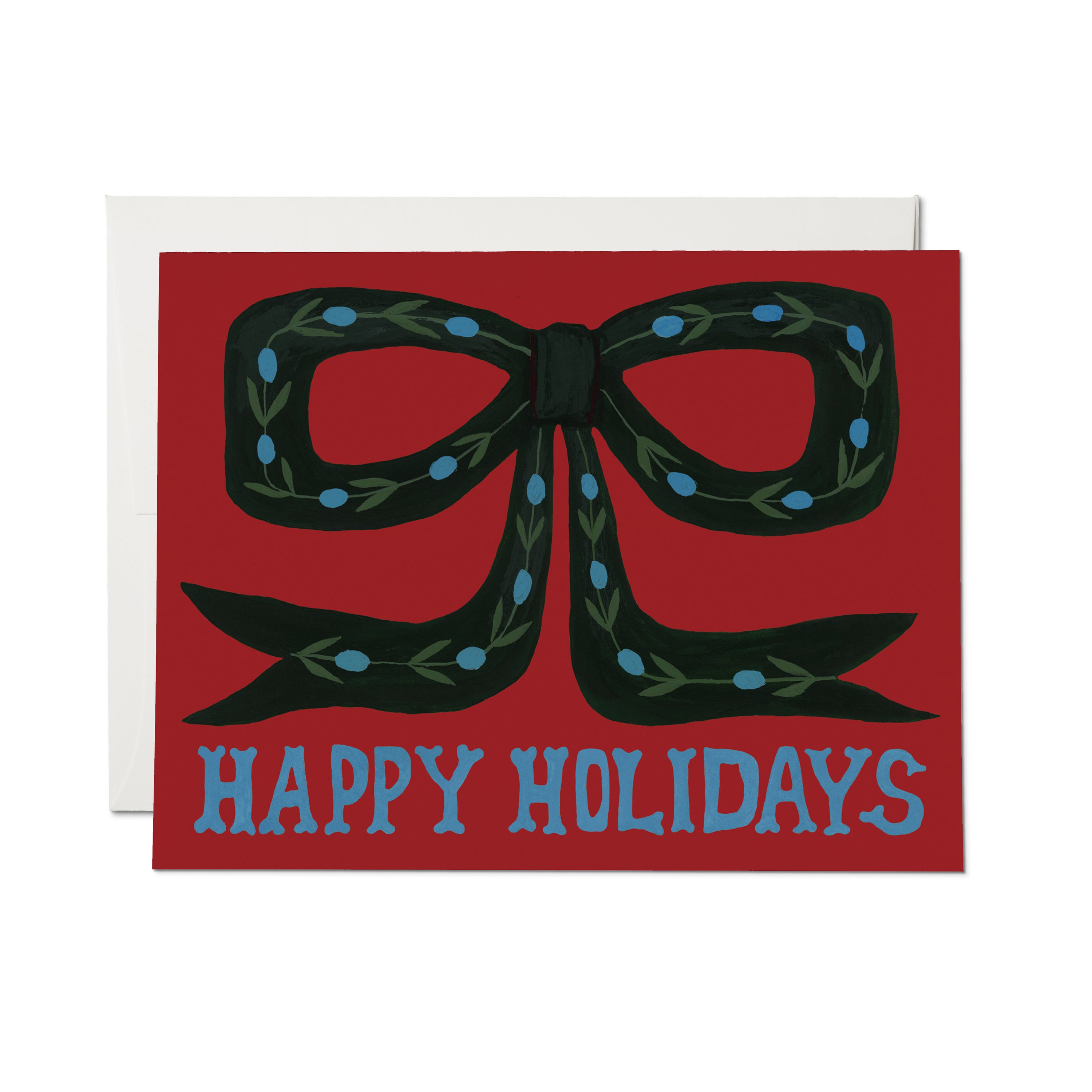 'Happy Holidays' card with green bow decorated with blue berries and leaves on red background.