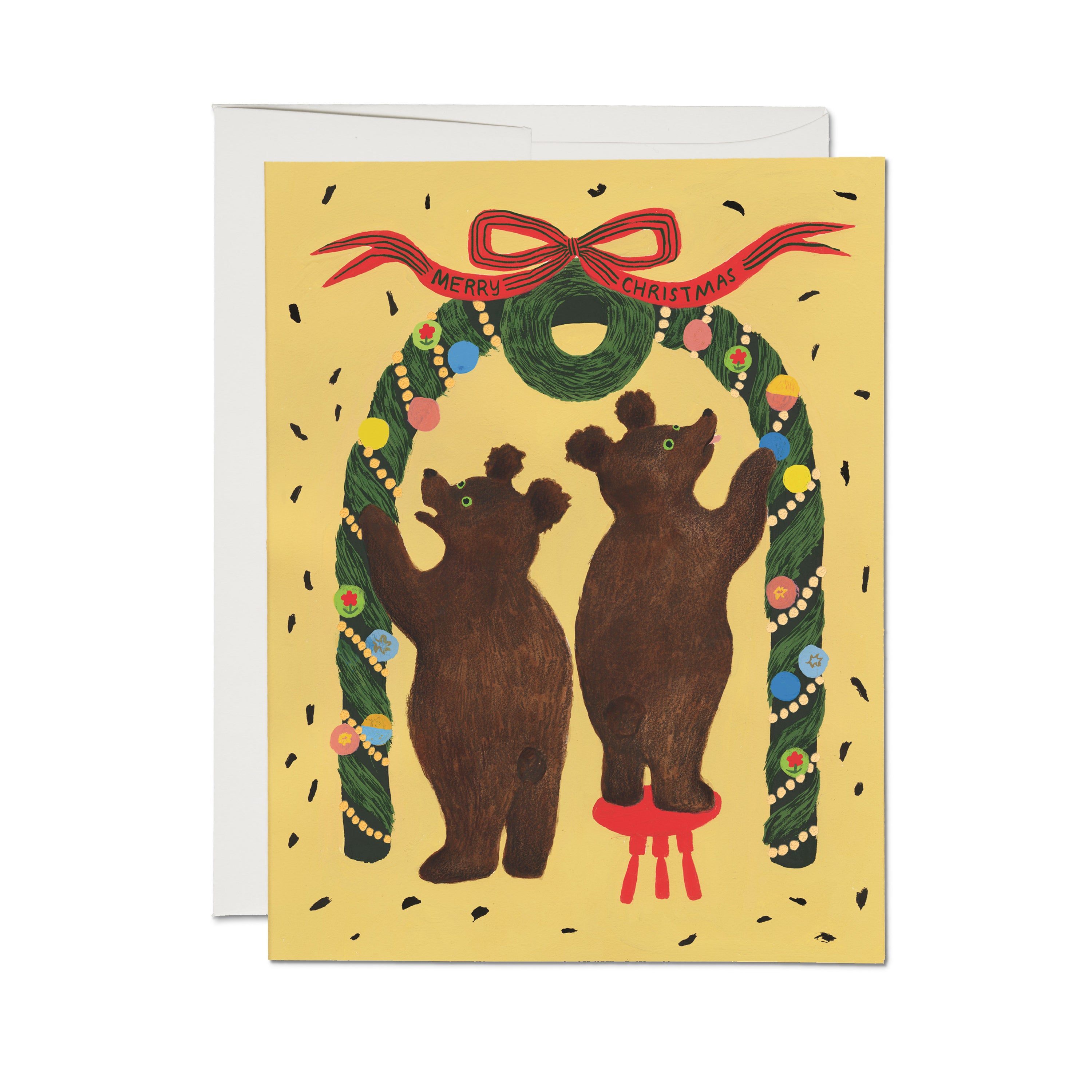 Greeting card with illustrated bears decorating a Christmas arch with a wreath and red ribbon with "Merry Christmas" text.