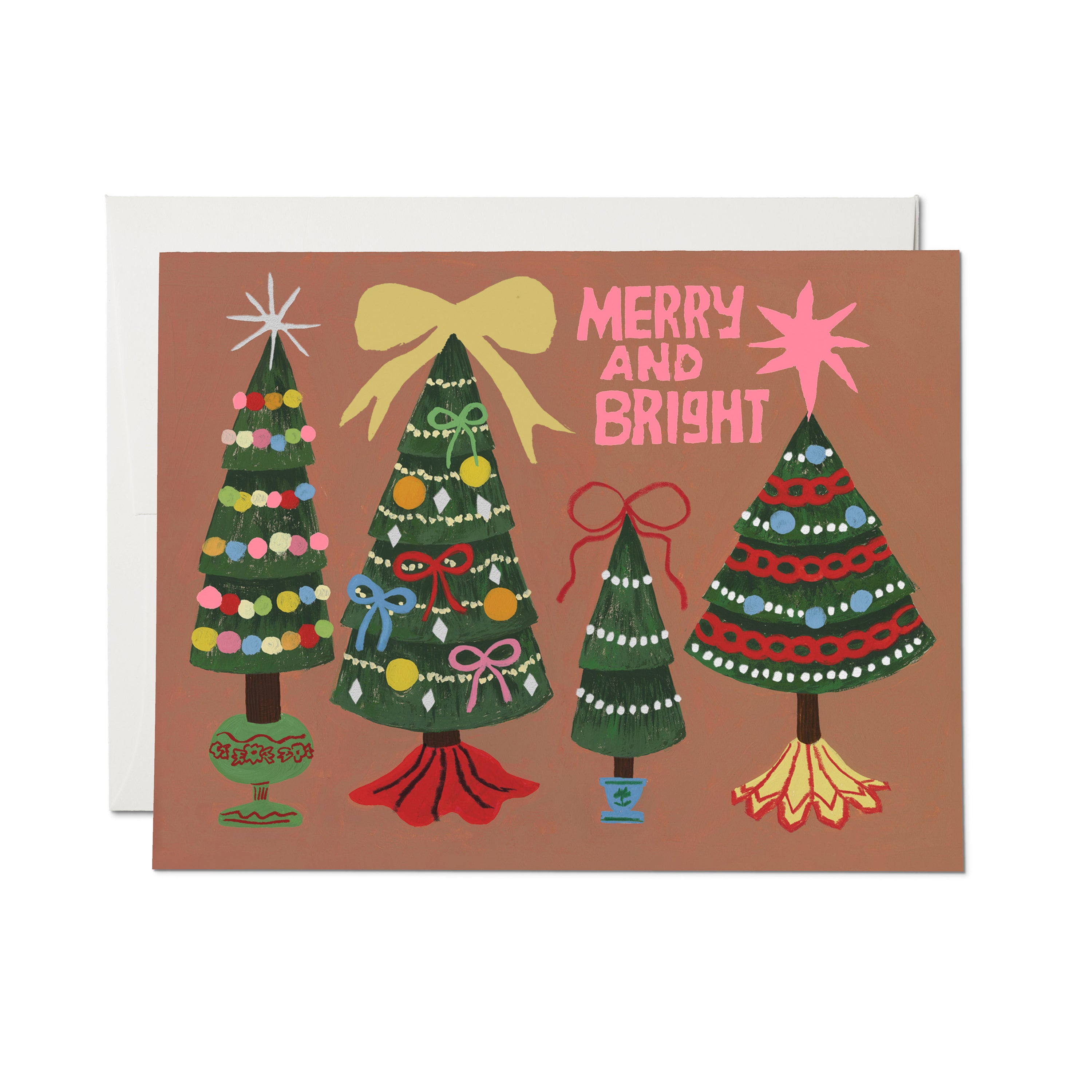 Christmas card with four different decorated trees with stars and bows and "Merry and Bright" text on brown background.