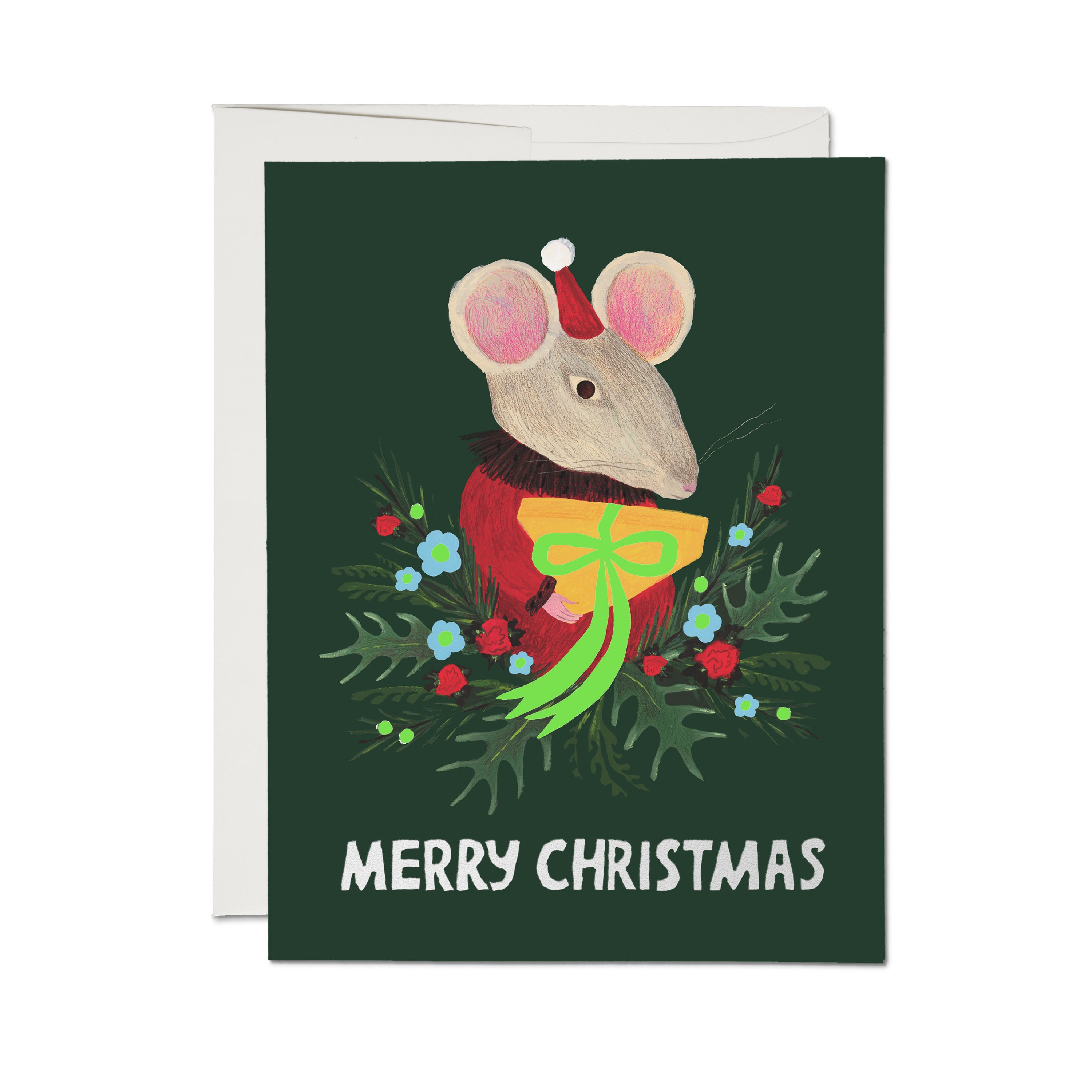 Greeting card with illustrated mouse holding a present with green bow in a bush of mistletoe on a green background.