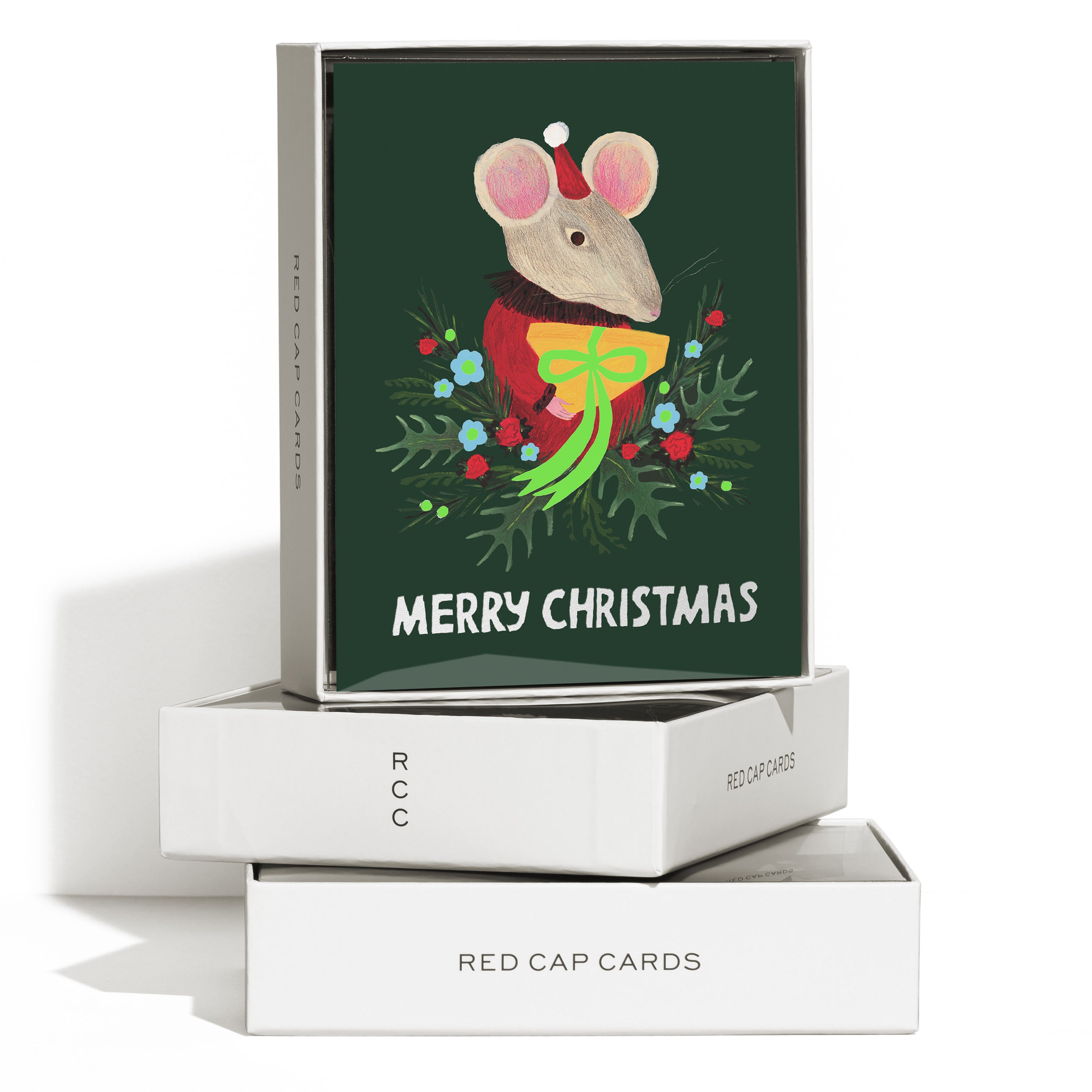 Boxed set of 8 Christmas cards with a mouse holding a present in a mistletoe bush and "Merry Christmas" text.