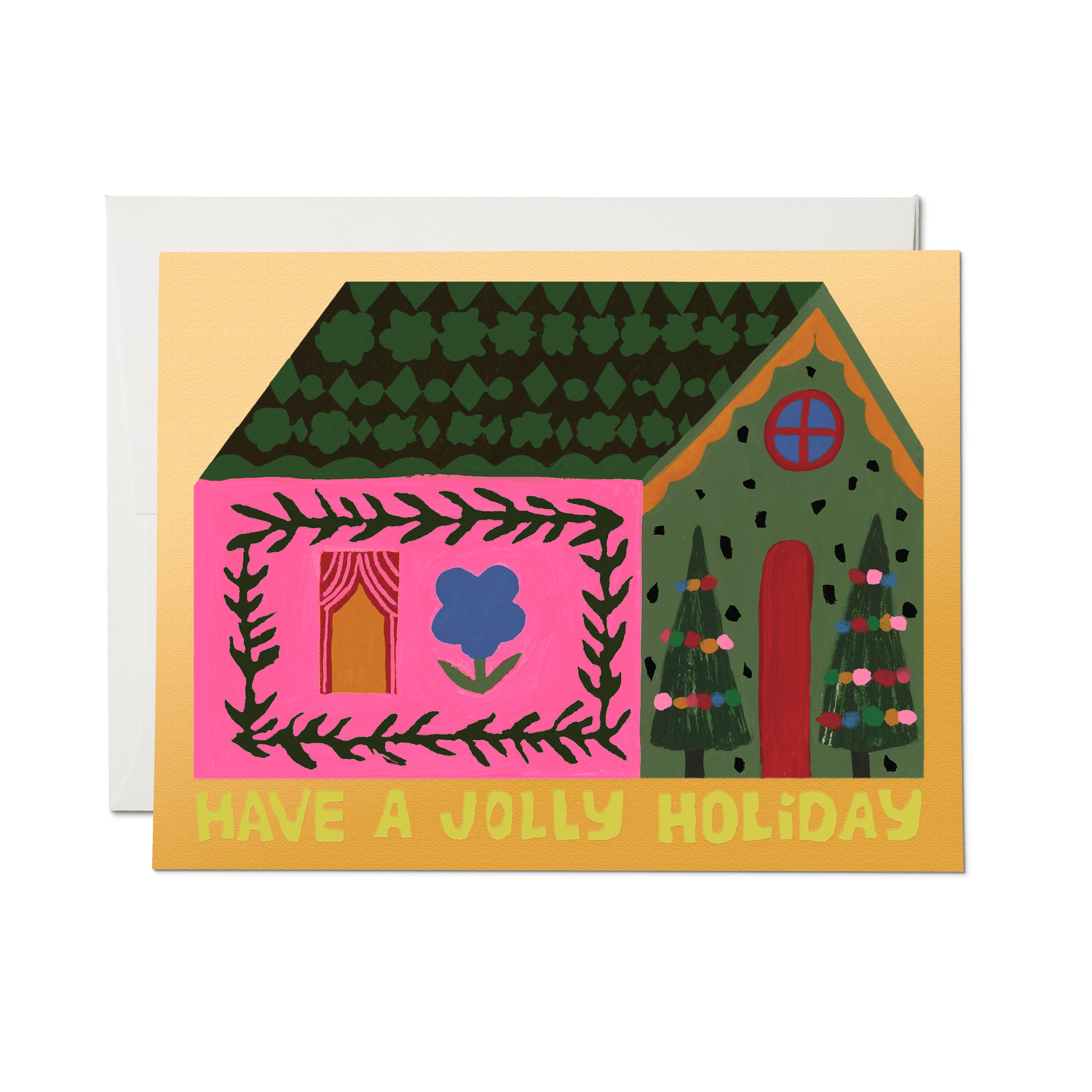 Christmas card with colorful decorated house and "Have a Jolly Holiday" text on yellow background.