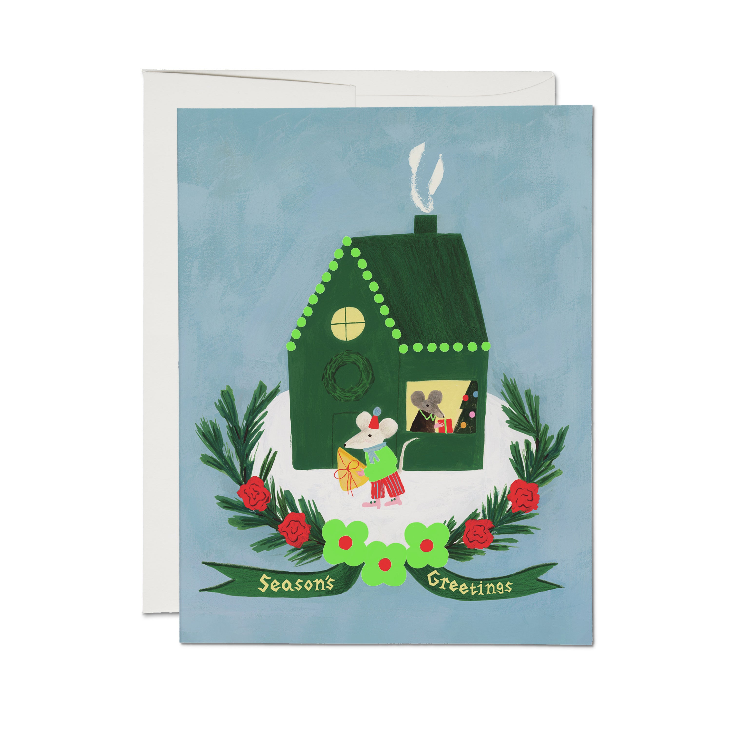 Christmas Card with illustrated mice family in their home with a wreath and "Season's Greetings" text on a blue background.