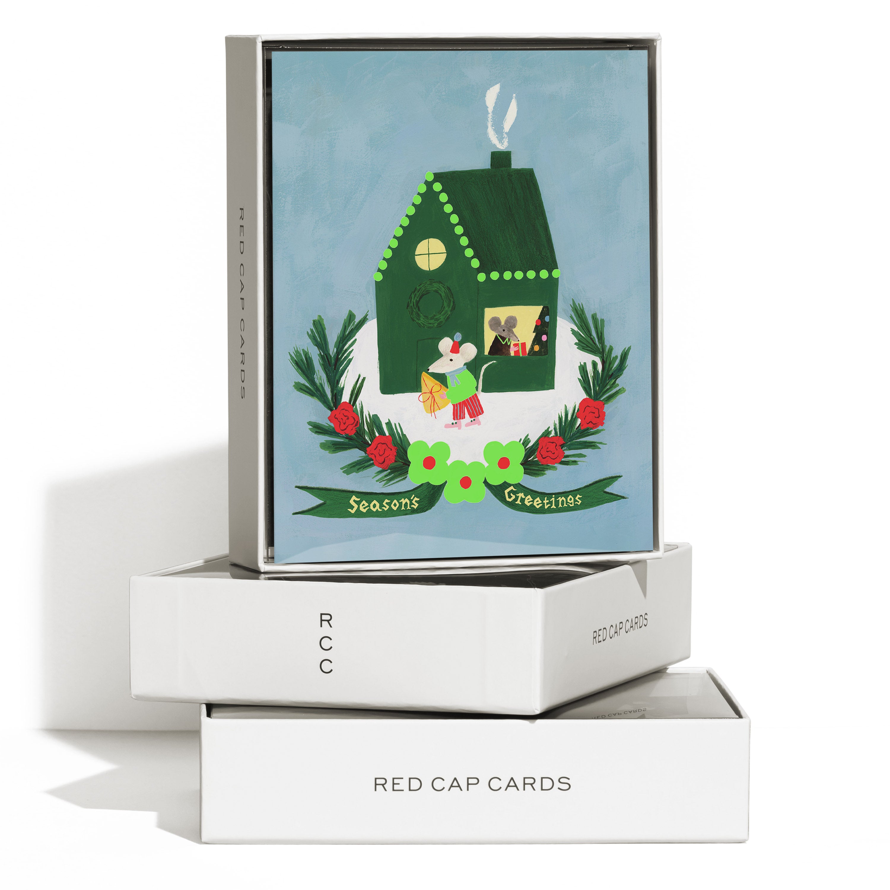 Boxed set of 8 Christmas Cards with a mice family and wreath with "Season's Greeting" text on blue background.